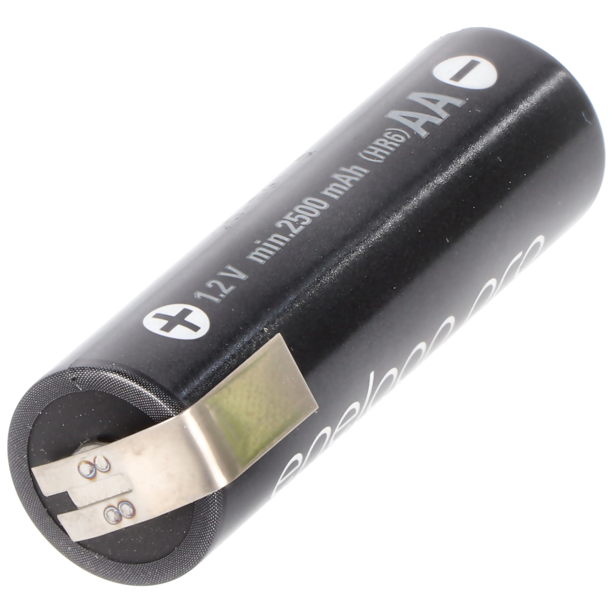 Schwarze AA-Batterie mit weißen Plus- und Minuszeichen und Text an der Seite.