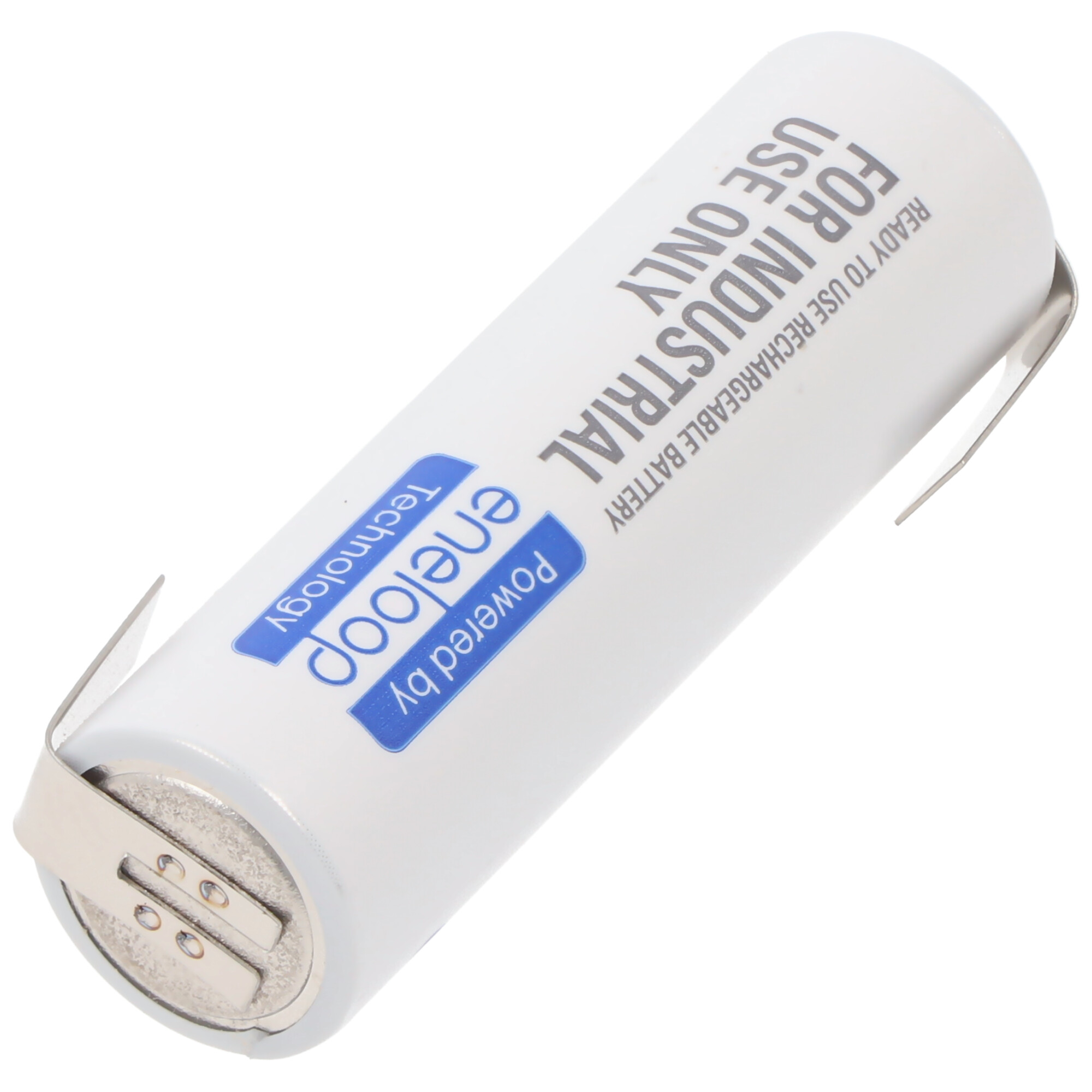 Eine weiße Batterie mit blauem und weißem Text, Klammern und einer metallischen Oberfläche.