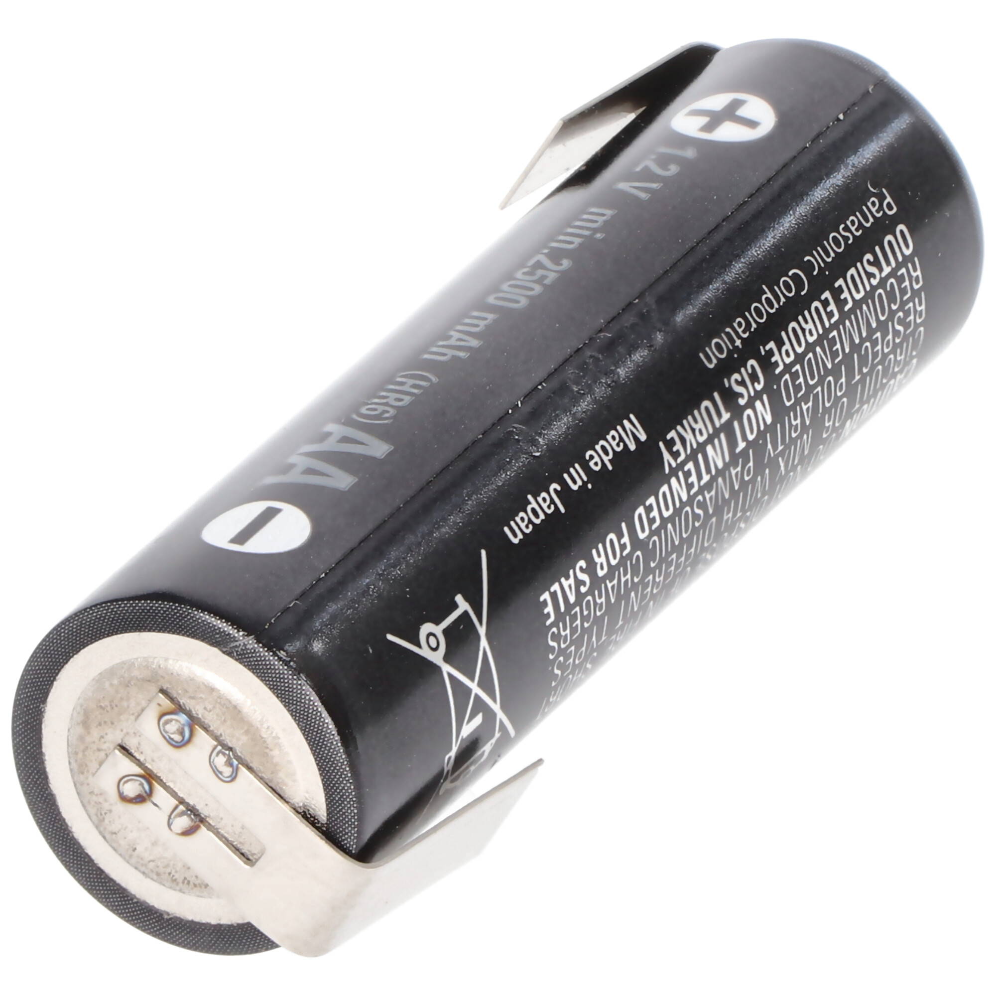 Eine schwarze AA-Batterie mit weißem Text und Markierungen.  Die Batterie hat zwei Anschlüsse und einen Metallclip.