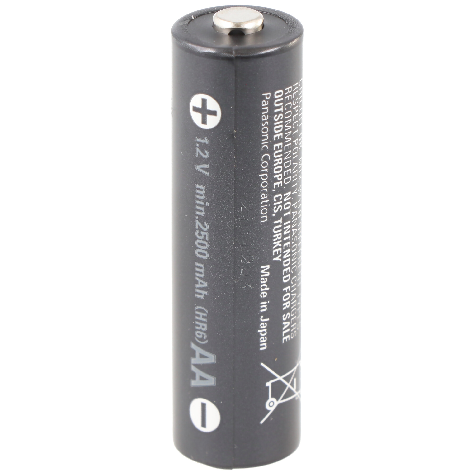Black AA battery with white text and symbols. Shows positive and negative signs.