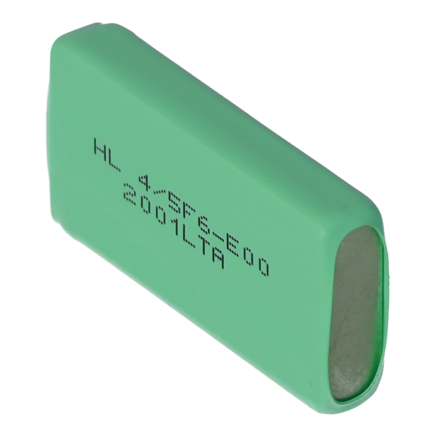 Eine kleine, grüne Batteriezelle mit Text und Markierungen auf der Oberfläche.