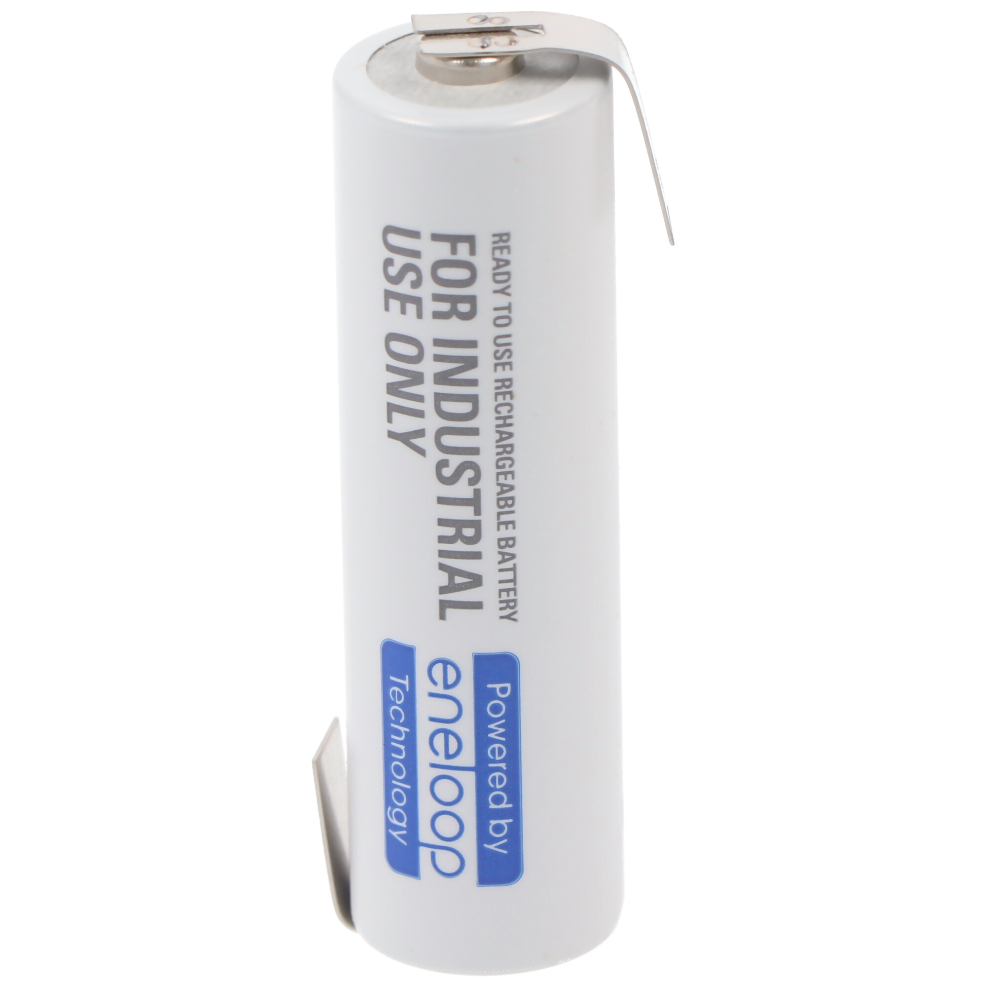 Weiße zylindrische Batterie mit Metallclip. Text: Nur für den industriellen Gebrauch. Blaues Etikett.