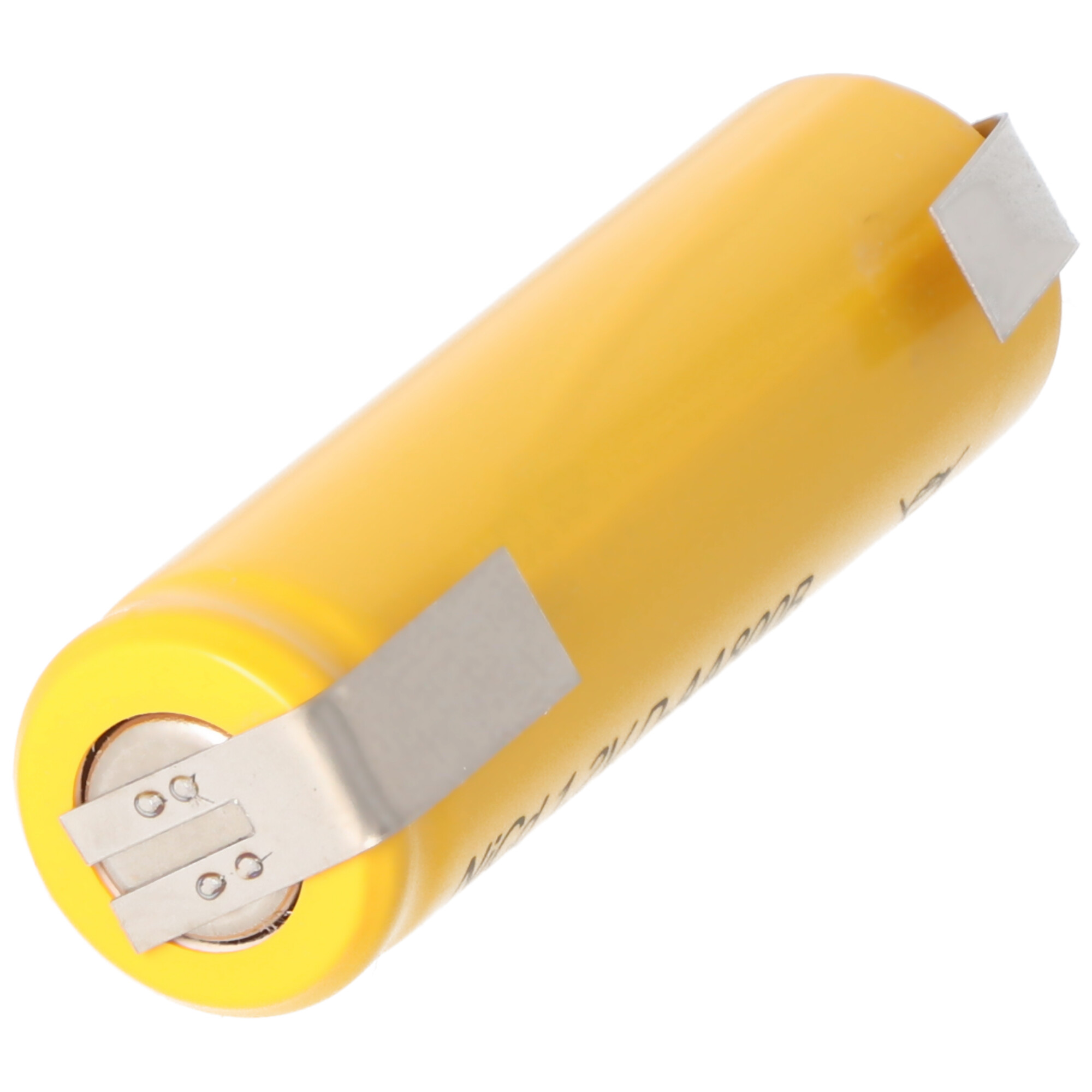 Gelbe zylindrische Batterie mit silbernen Metalllaschen oben.