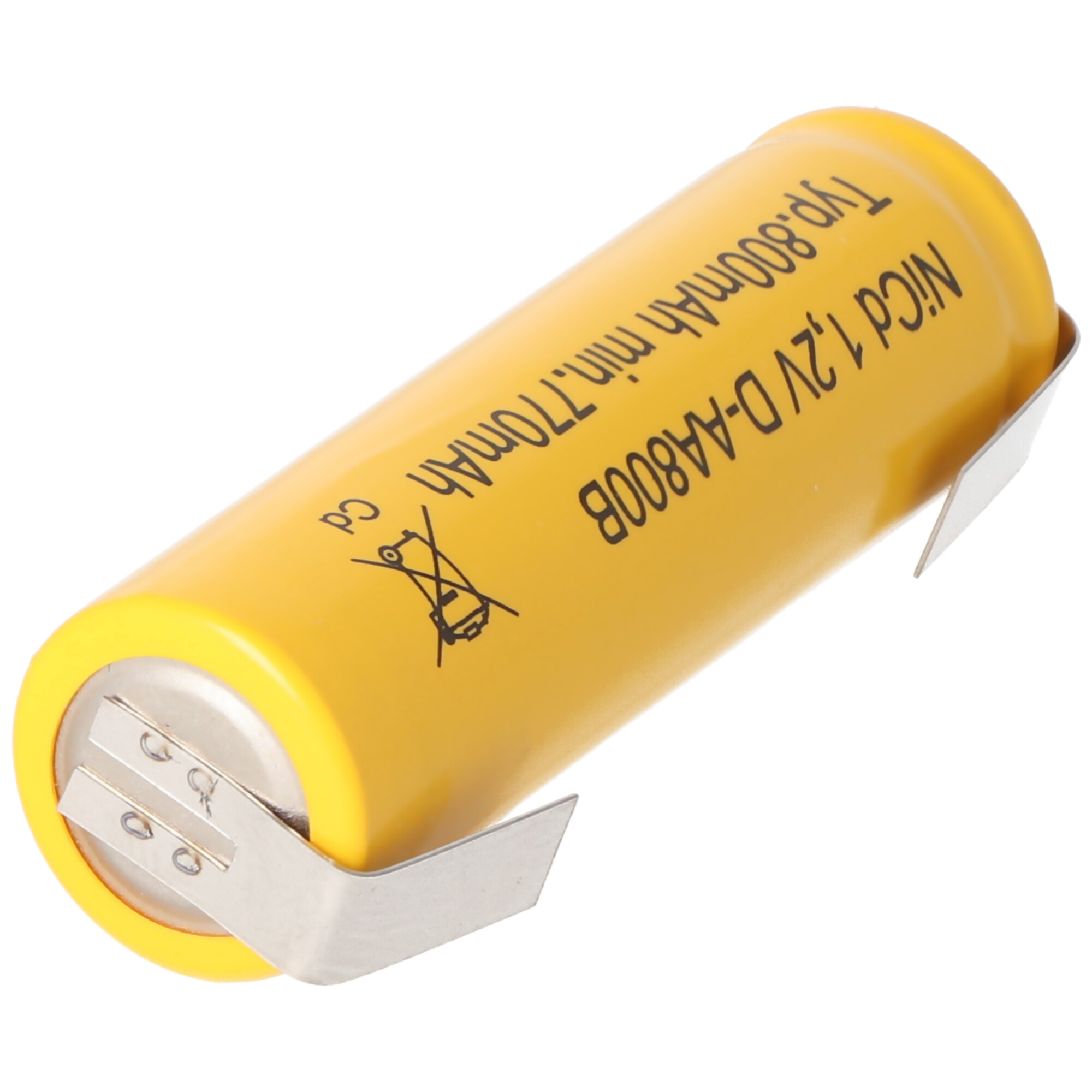 Gelbe NiCd 1,2V D-AA80B Akku mit Metalllaschen, mit dem Text darauf.