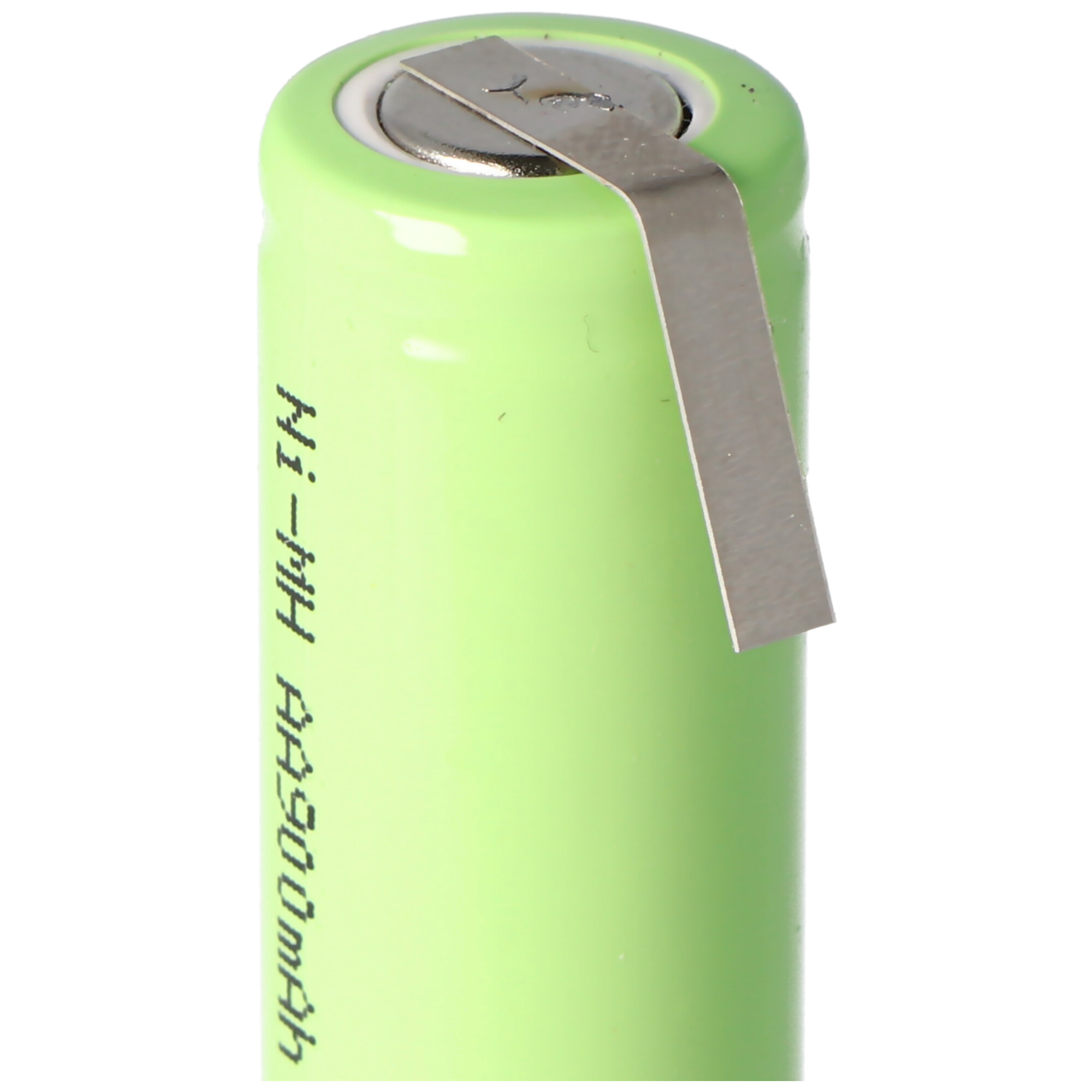 Eine grüne AA-Batterie mit einem Metallstreifen oben. Der Text auf der Batterie lautet 'Ni-MH AA900mAh'.