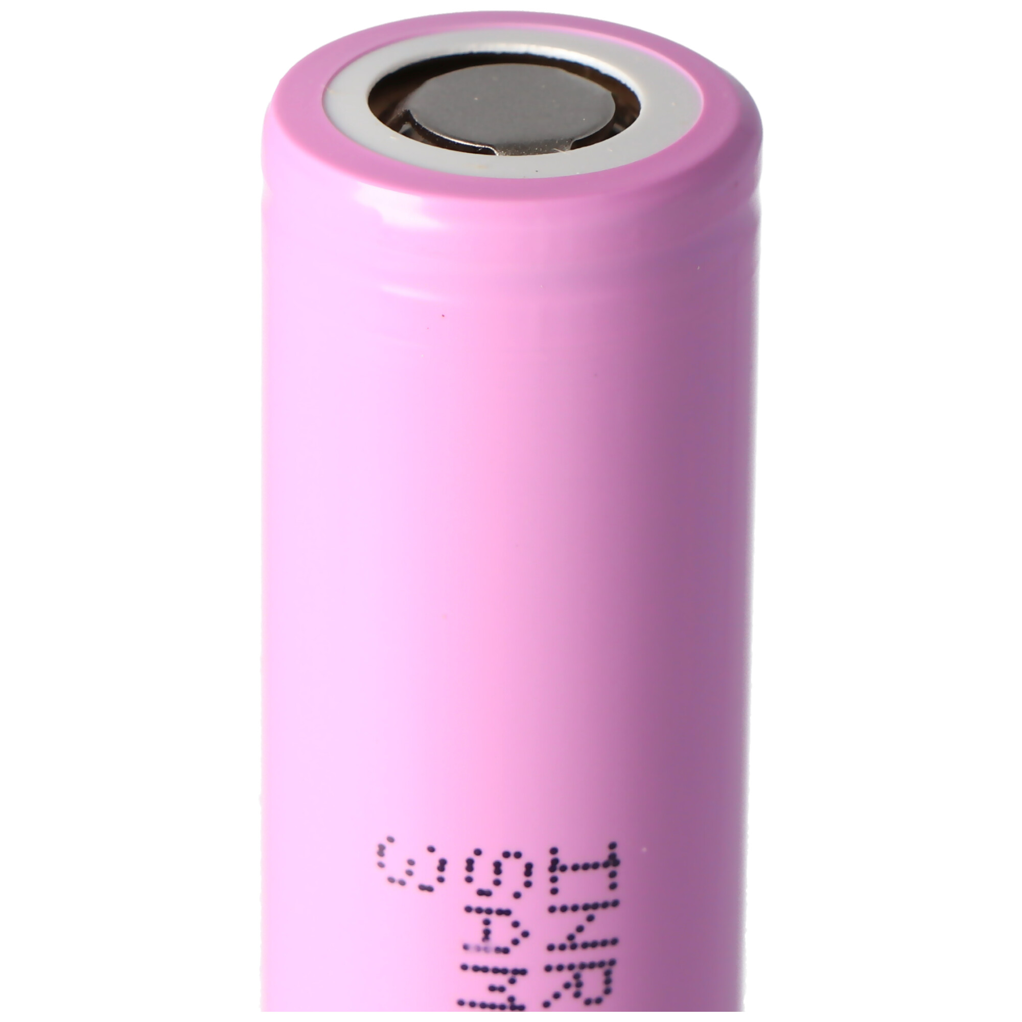 A close-up of a pink battery. A silver top is visible. There is text on the battery.