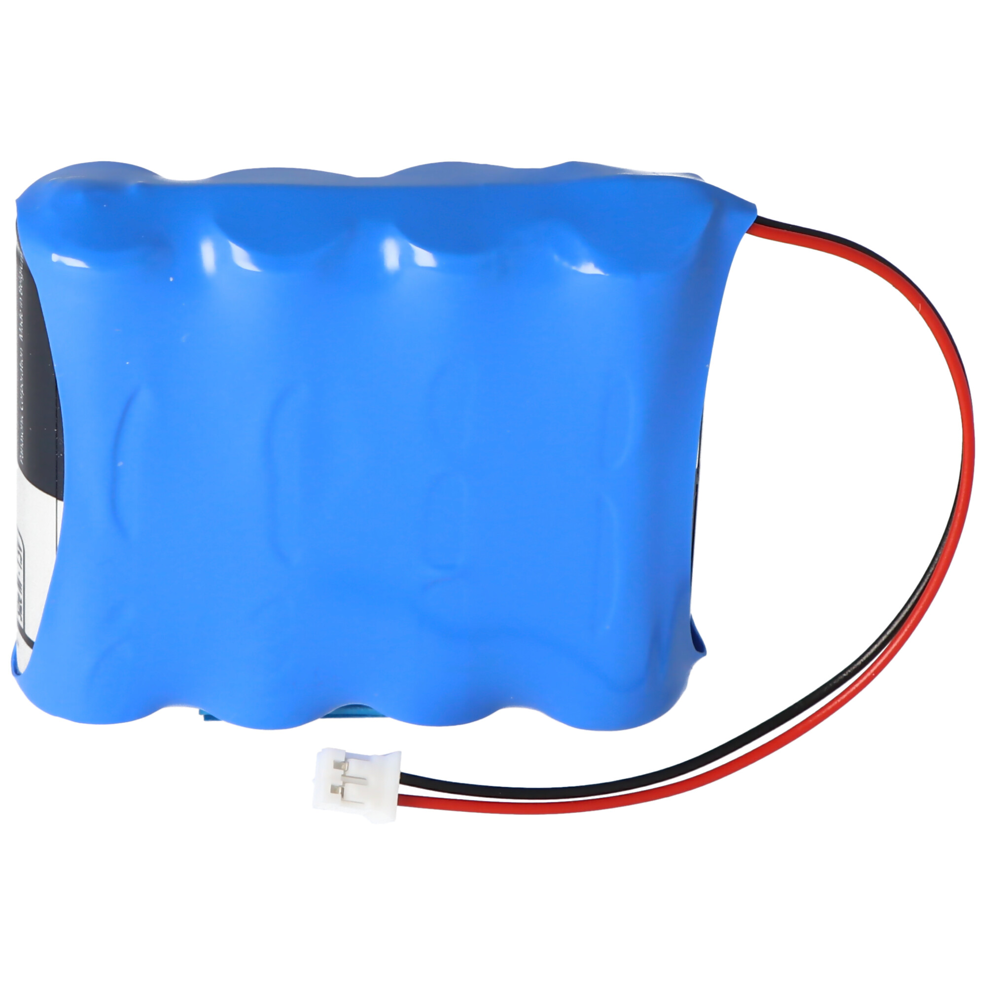 A blue battery pack with red and black wires and a white connector.