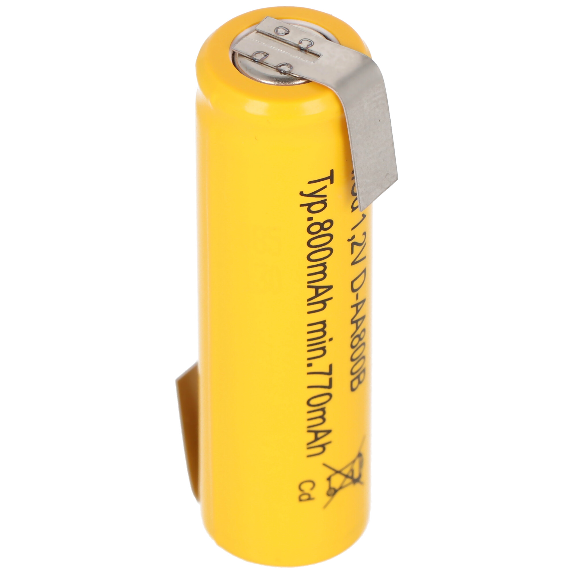 Eine gelbe AA-Batterie mit einem Metallclip. Der Text auf der Batterie lautet: 1,2 V D-AA800B, min.770 mAh.
