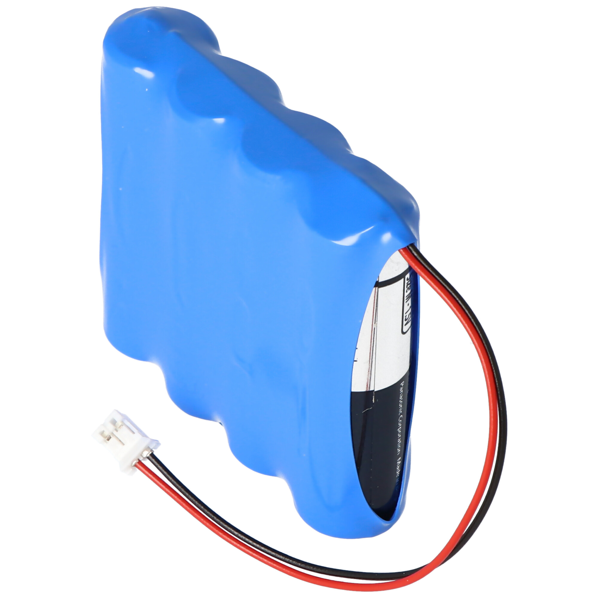 A blue battery pack with a white connector and red/black wires.