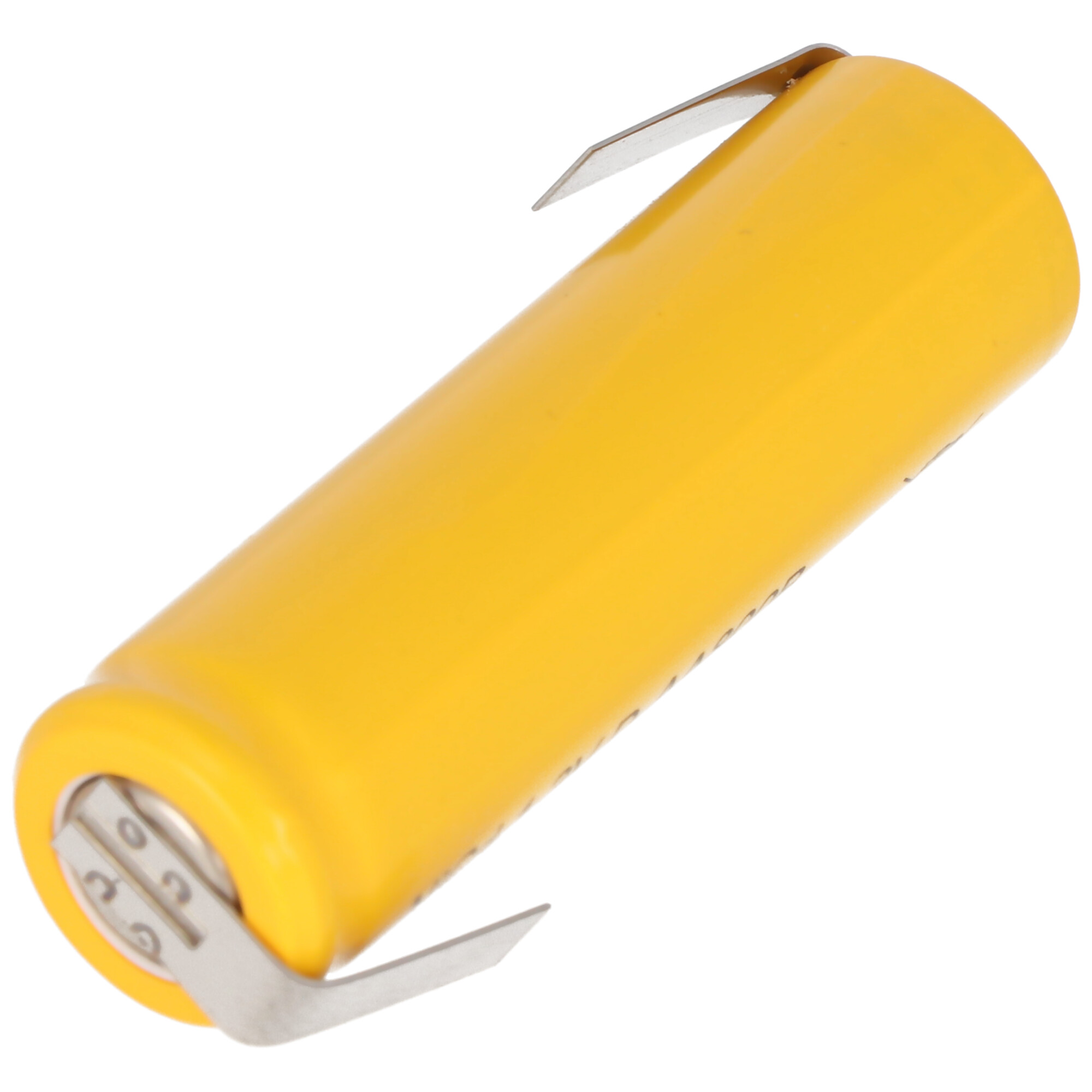 Eine gelbe zylindrische Batterie mit Metallkontakten, Nahaufnahme.