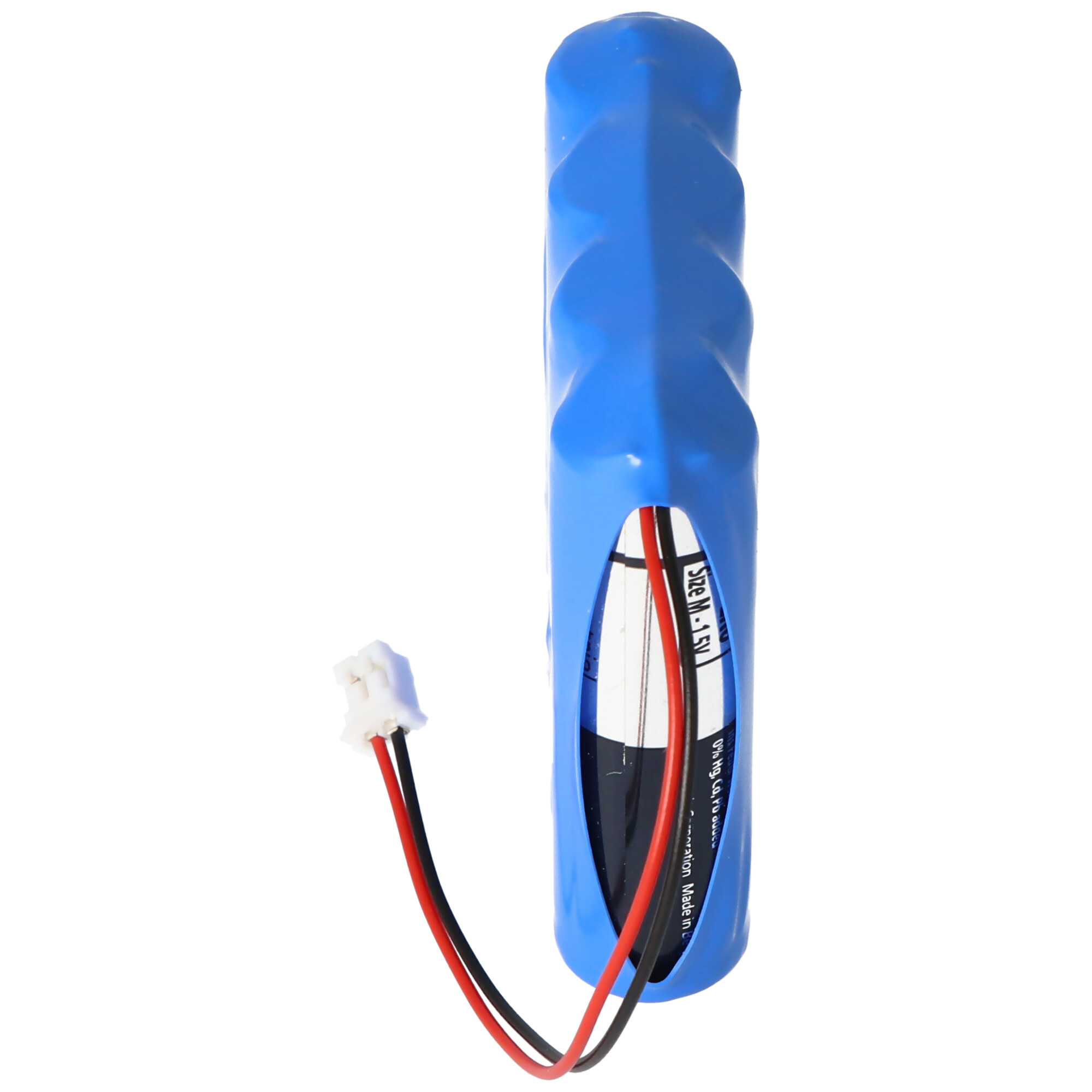 Blue, cylindrical battery with red and black wires, and a white connector. White background.