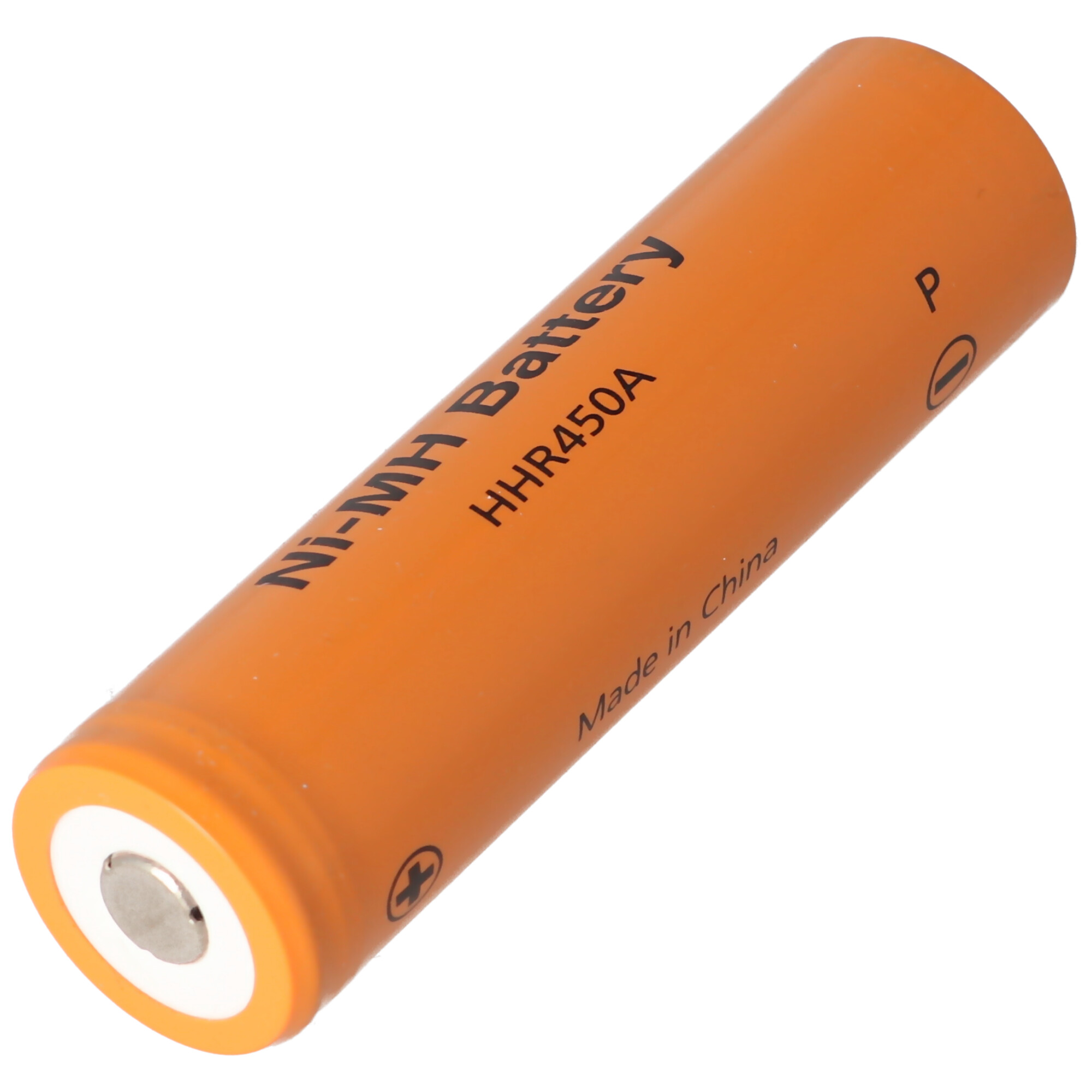 Orange cylindrical Ni-MH battery with white and silver ends, and text labeling.
