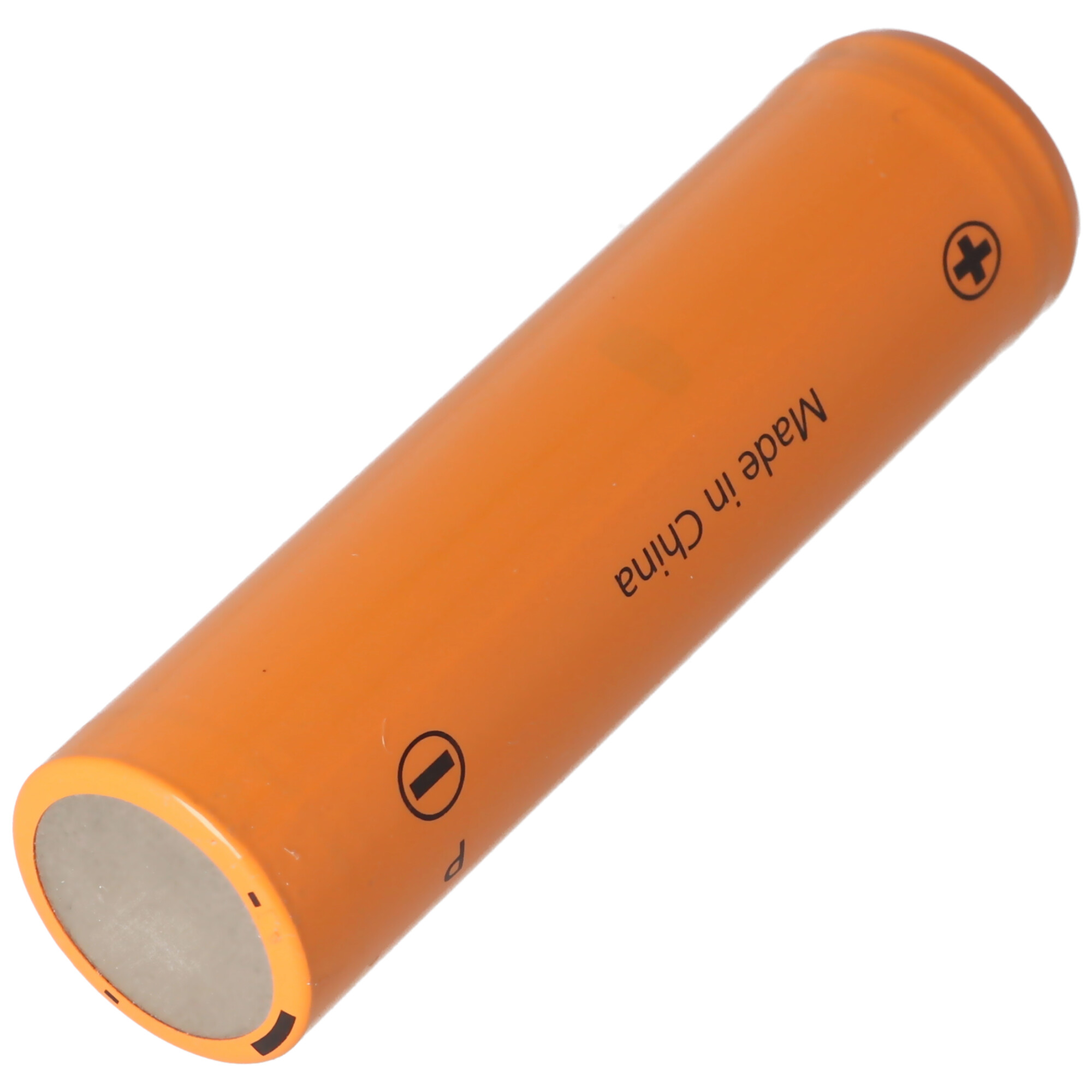 An orange cylindrical battery with positive and negative symbols and the text "Made in China".