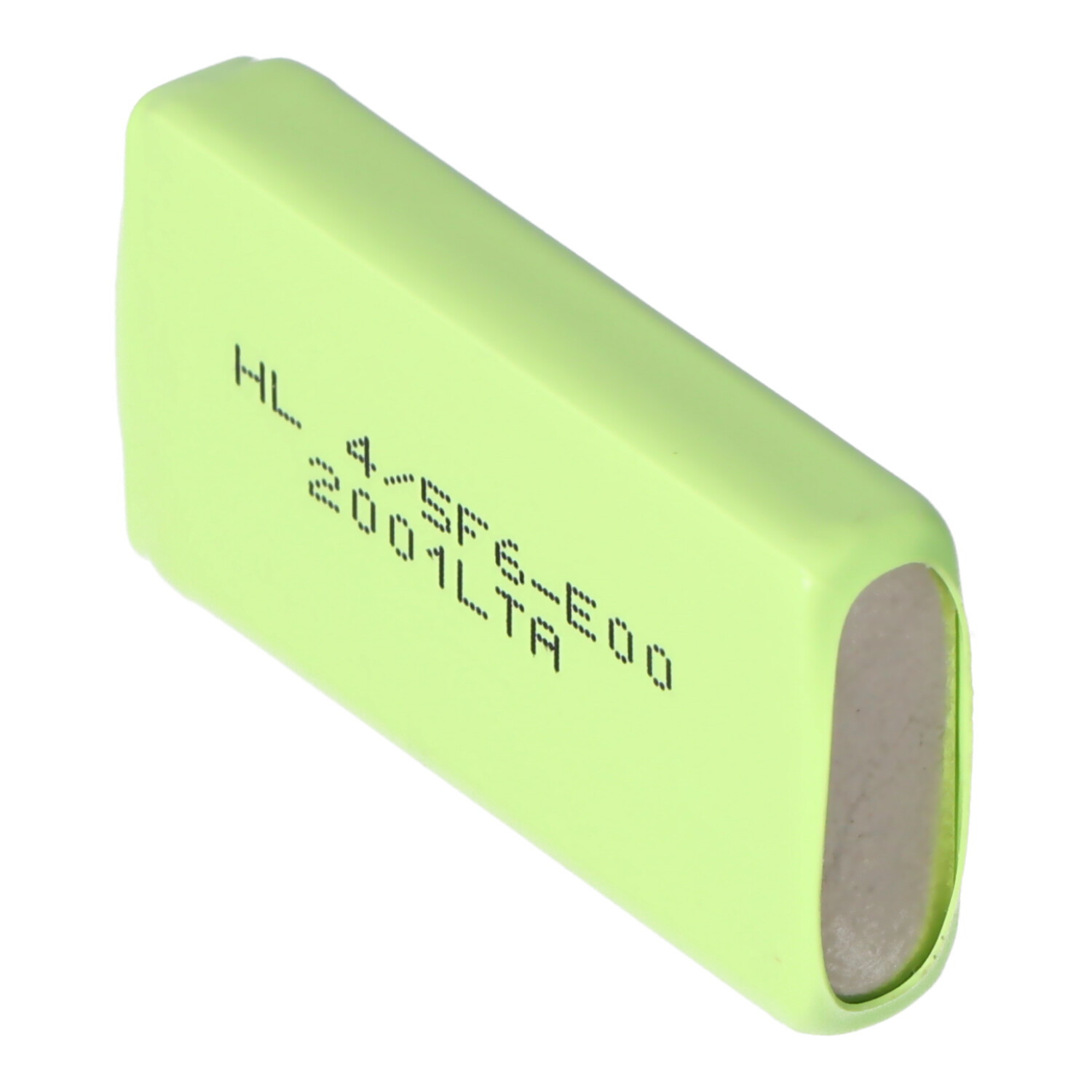 Eine kleine, hellgrüne Batterie mit aufgedrucktem Text.