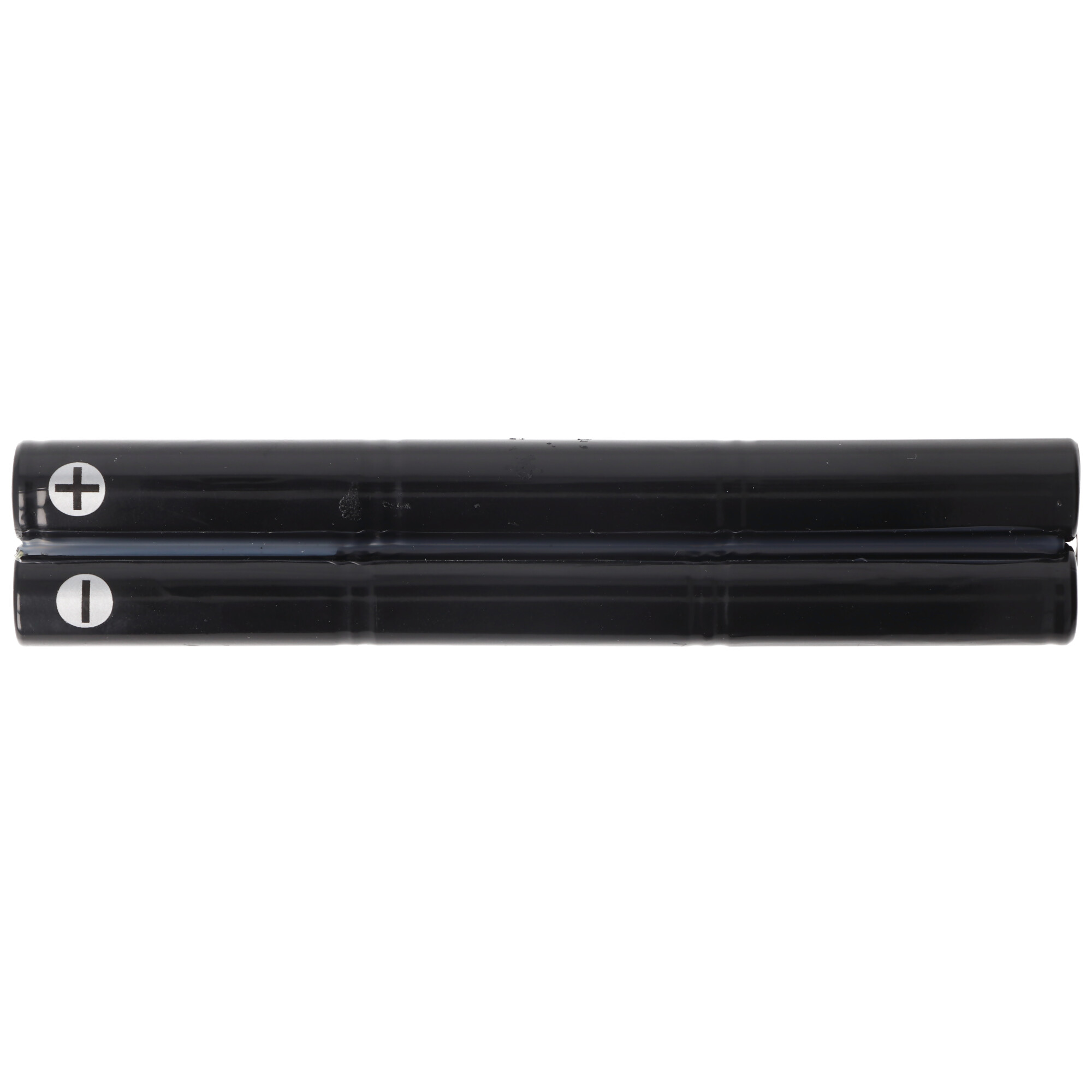 Zwei schwarze zylindrische Batterien mit Plus- und Minus-Anzeigen, vor weißem Hintergrund.