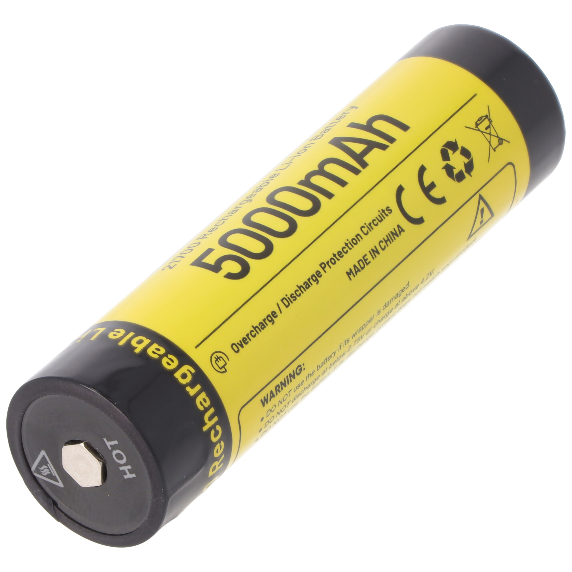 Gelb-schwarze zylindrische Batterie. Text: 5000 mAh. Warnhinweise und eine schwarze Kappe.
