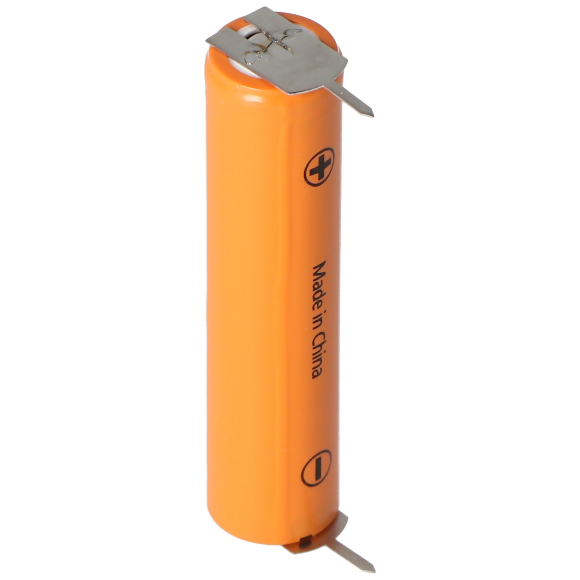 Orangefarbene Batterie mit Metallkontakt und Etikett, weißer Hintergrund.