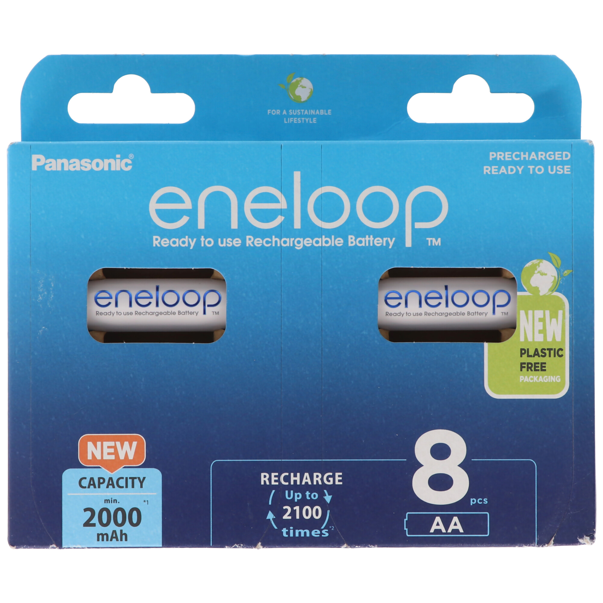 Packung mit acht Panasonic eneloop AA-Akkus. Blaue und weiße Verpackung.