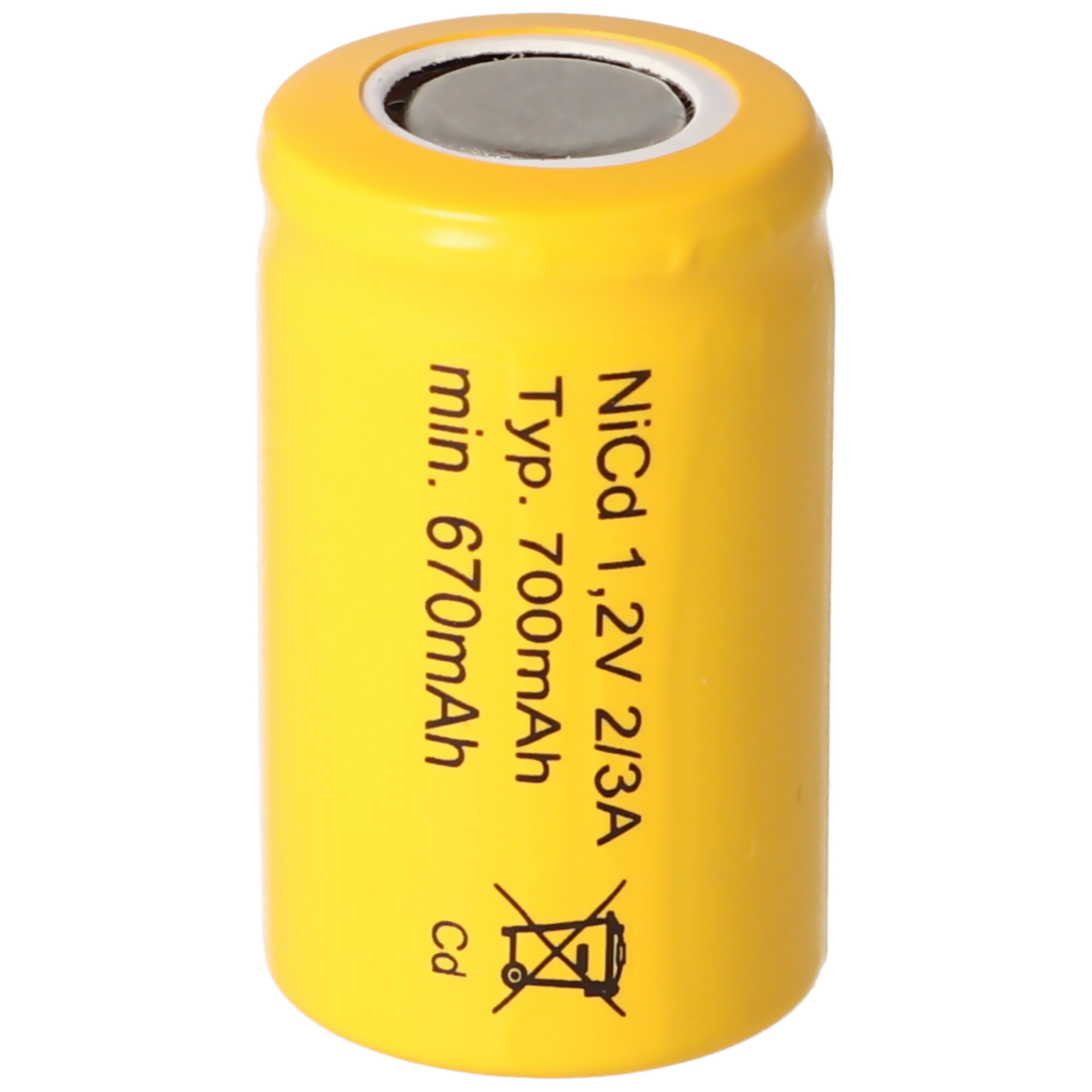 Yellow battery with black top. Text: NiCd 1.2V 2/3A, 700mAh. Warning symbol with crossed-out trash can.