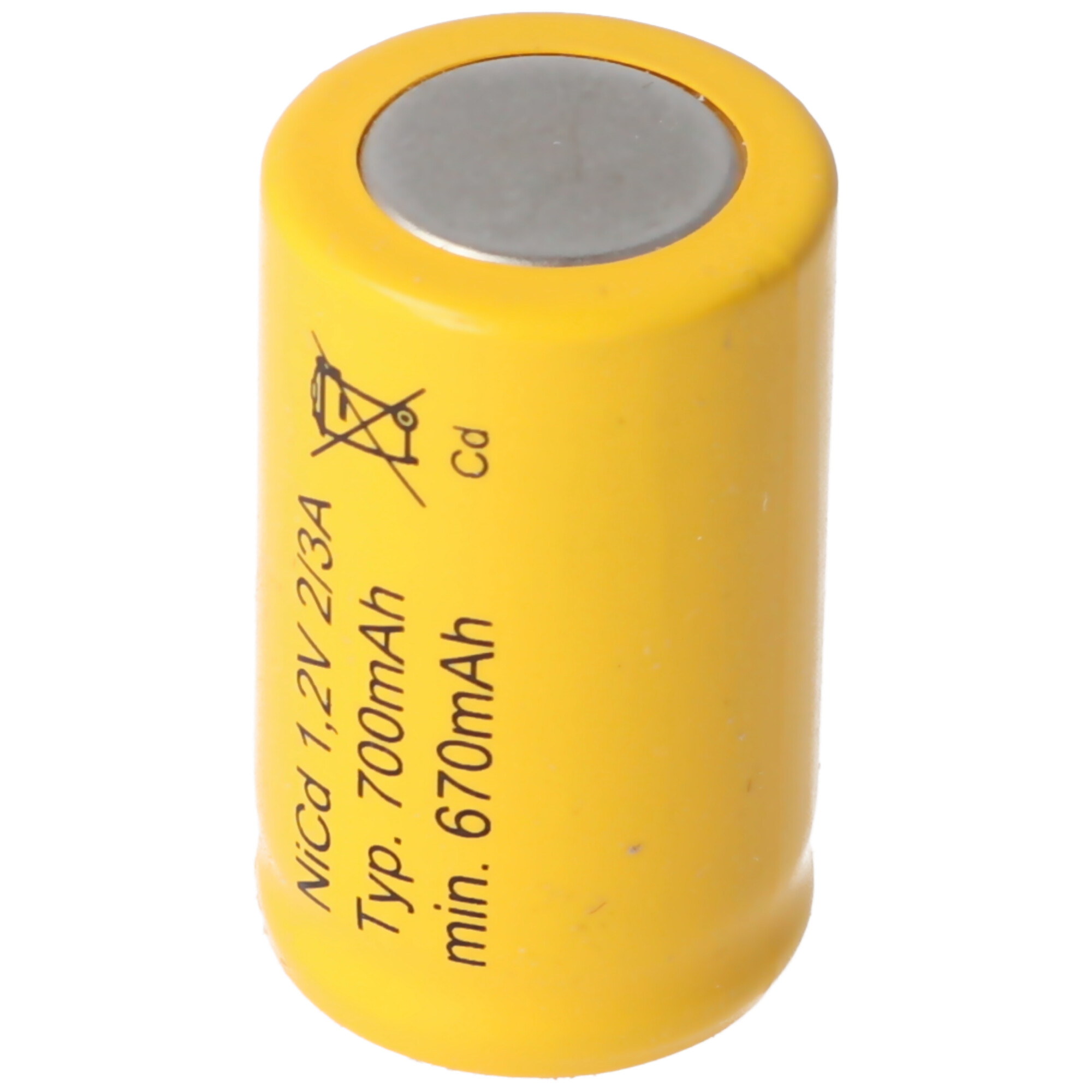 Yellow cylindrical battery with text and symbols on it.