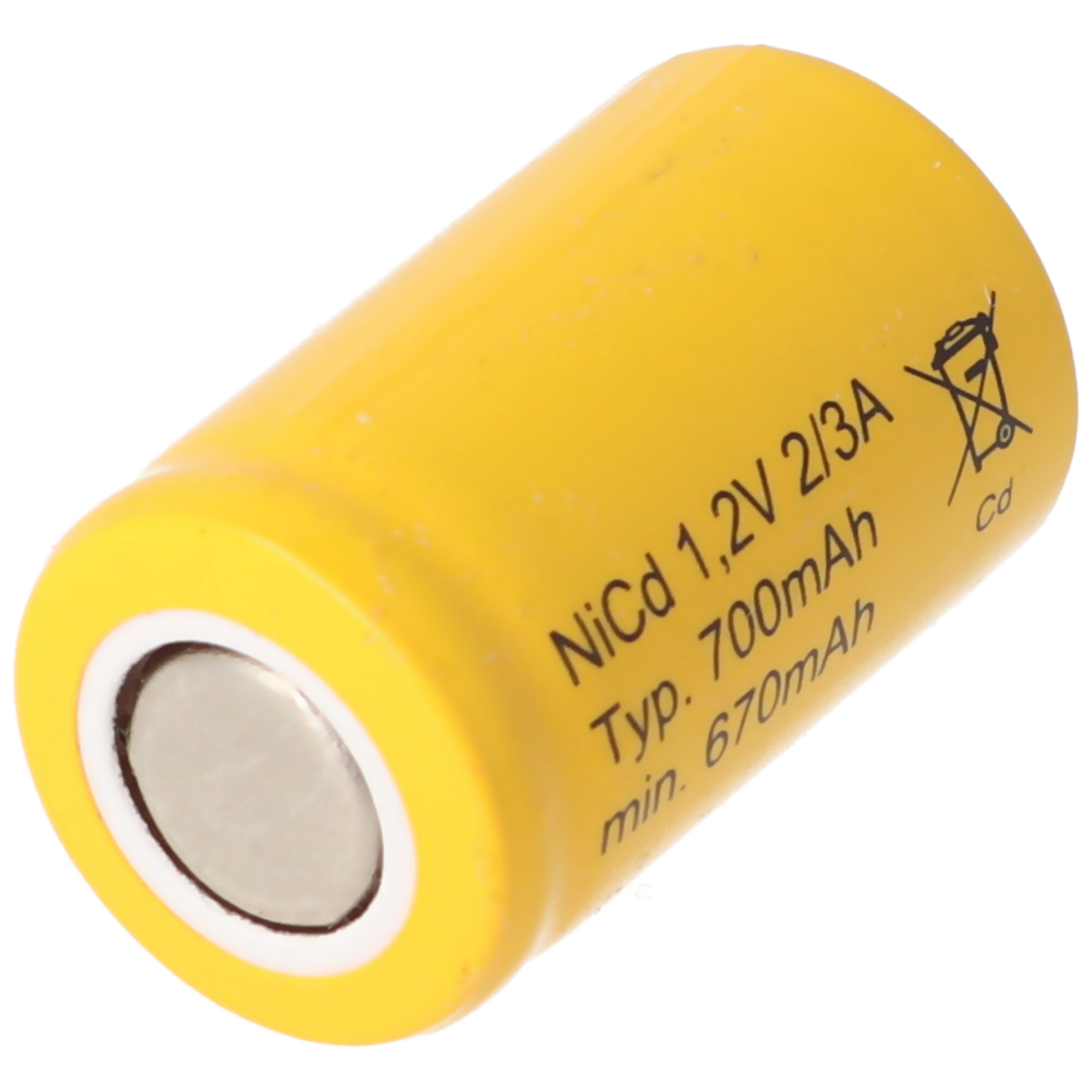 A yellow NiCd 1.2V 2/3A battery with details printed on it.