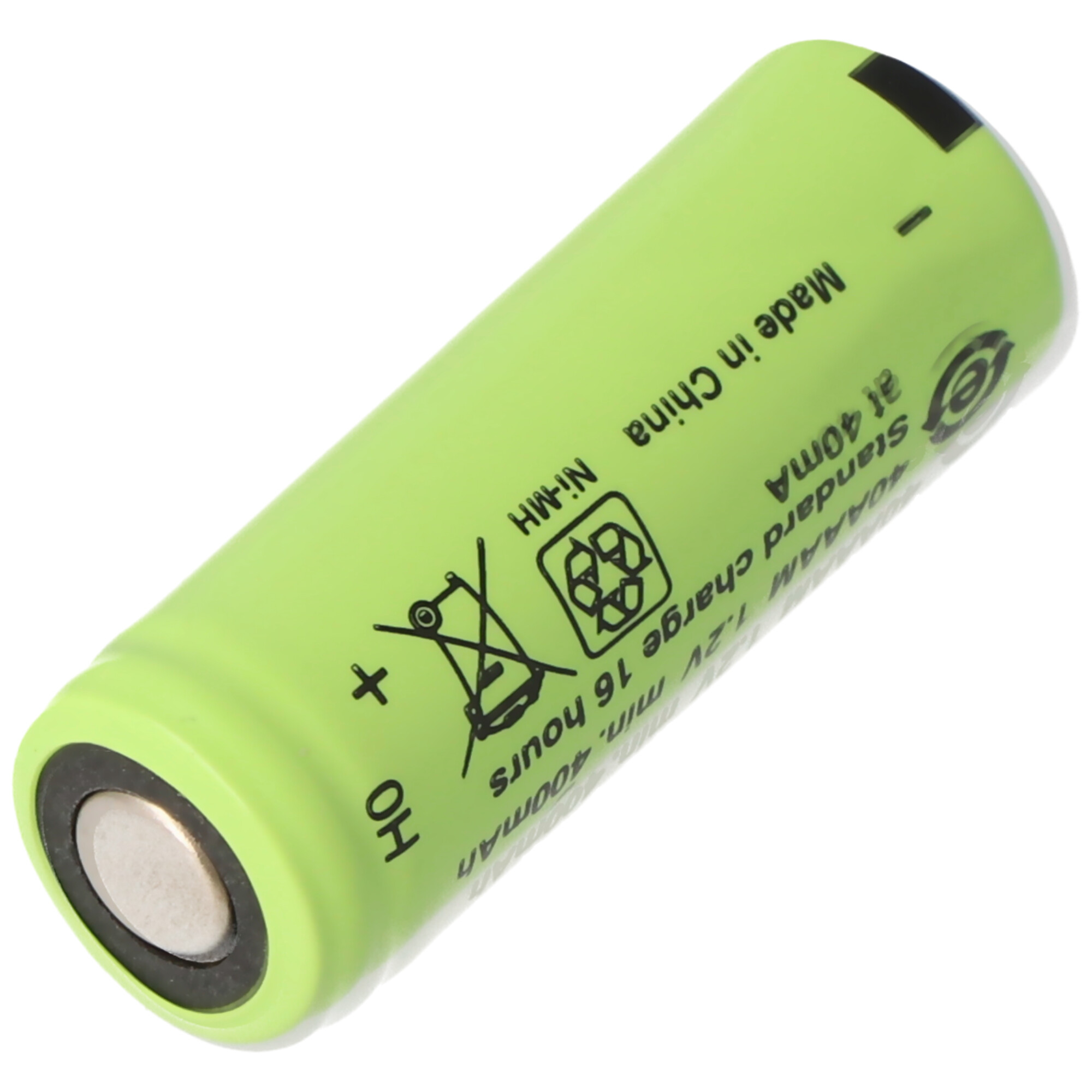 Grüne zylindrische Batterie mit Markierungen. Plus- und Minuszeichen sind sichtbar.