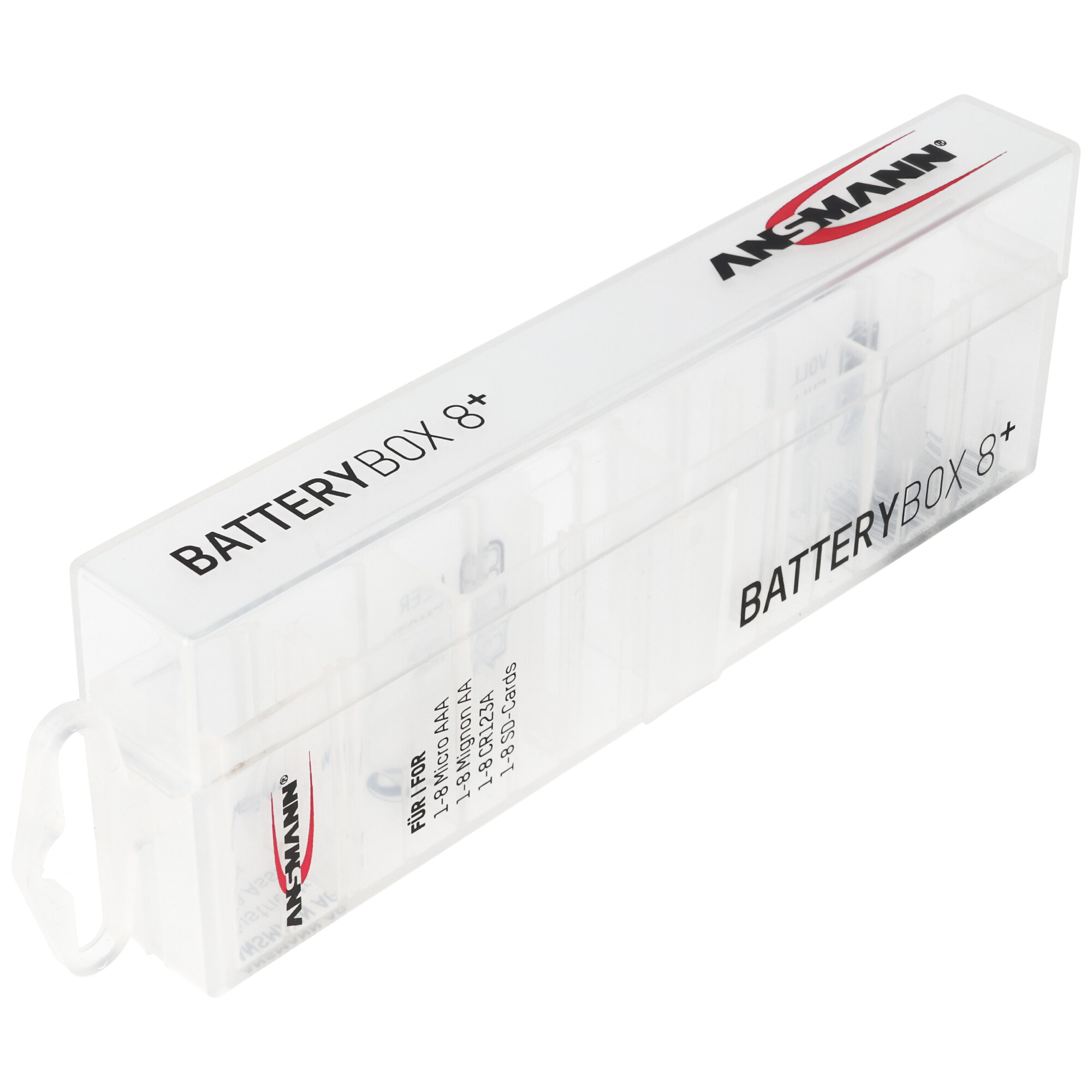 Transparente Batteriebox mit 'BATTERYBOX 8+' und 'ANSMANN' Schriftzug.