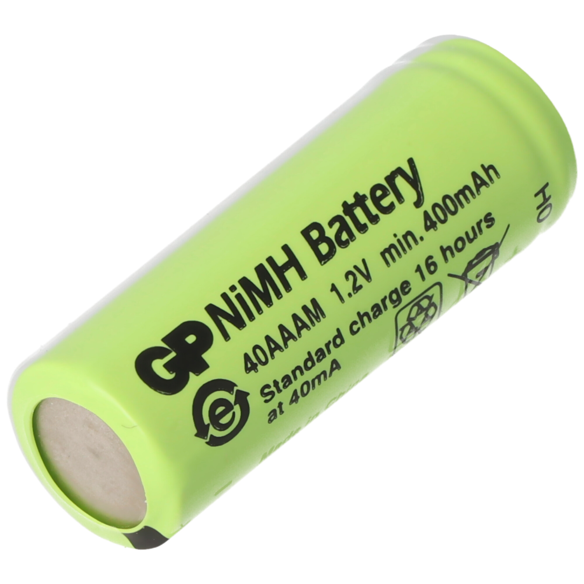 Eine grüne Batterie mit weißem Text. Die Batterie ist zylindrisch und hat eine schwarze Oberseite.