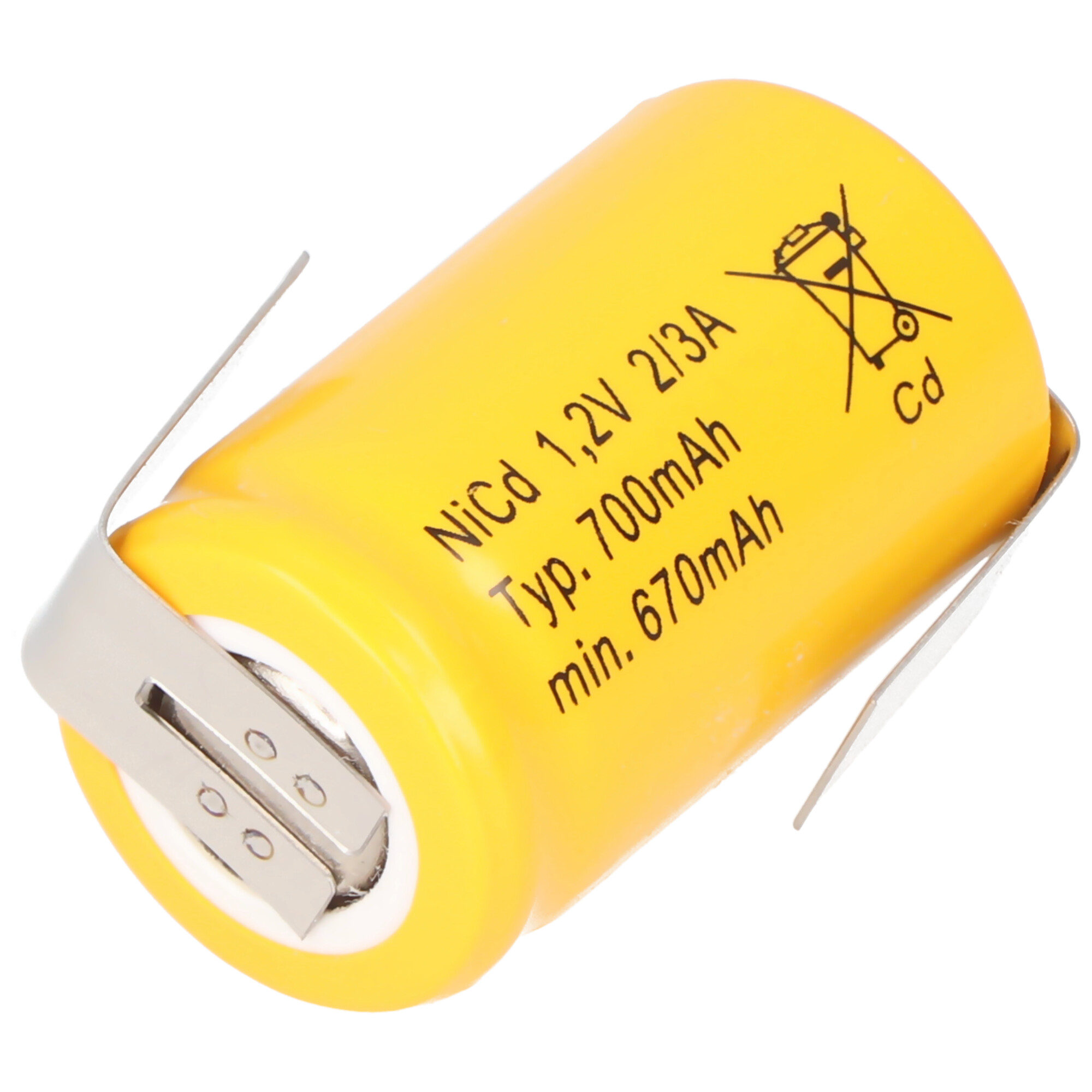 Gelbe NiCd-Batterie mit Etiketten, Metallclips und einem Cd-Symbol.