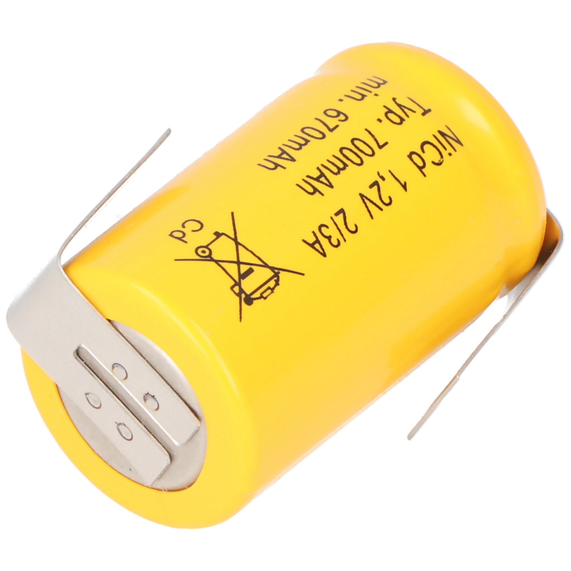 Gelbe zylindrische Batterie mit Metallclips. Enthält Text mit Spannung und Kapazität, weißer Hintergrund.