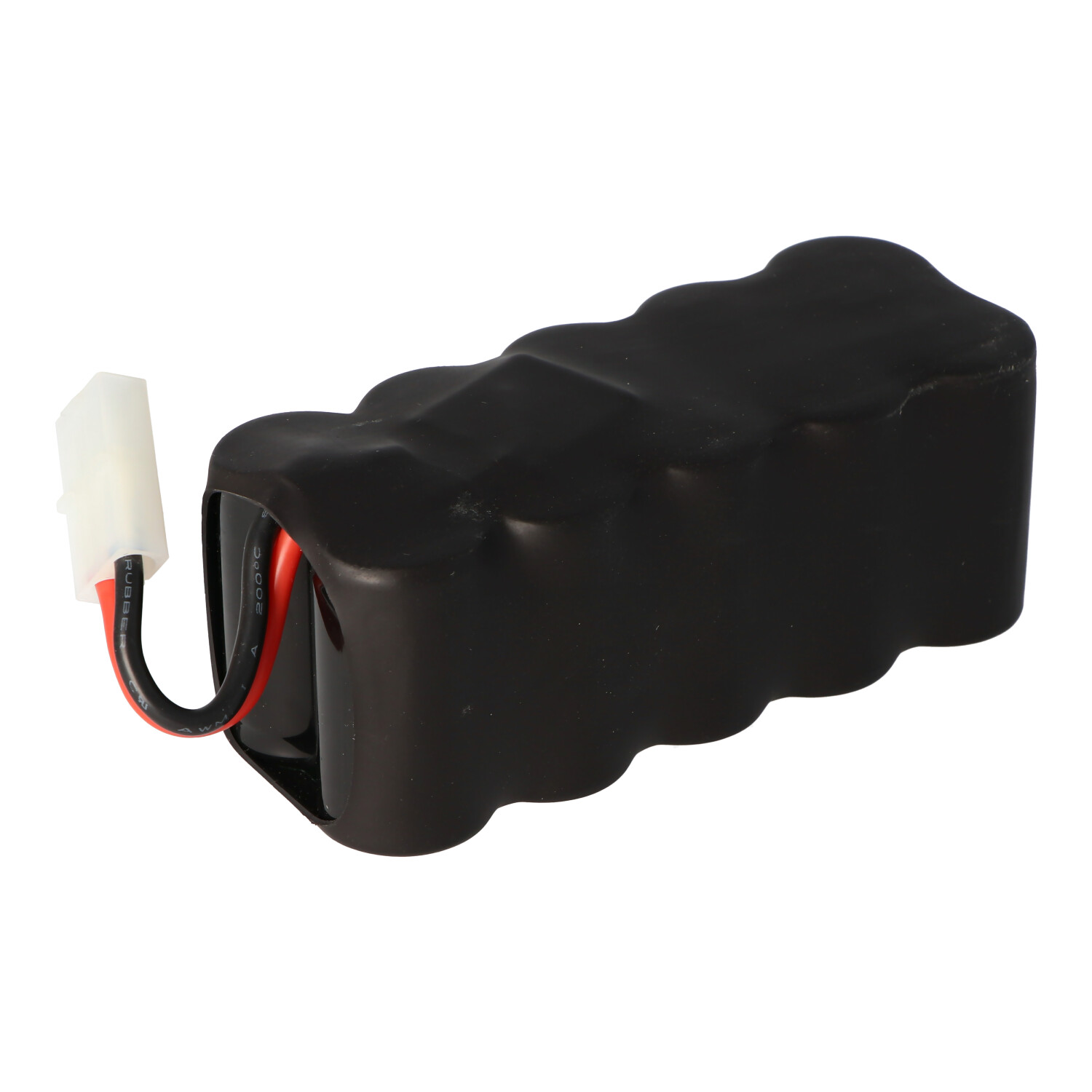 Ein schwarzes Akkupack mit weißem Stecker und roten und schwarzen Drähten. Das Pack ist rechteckig und geriffelt.