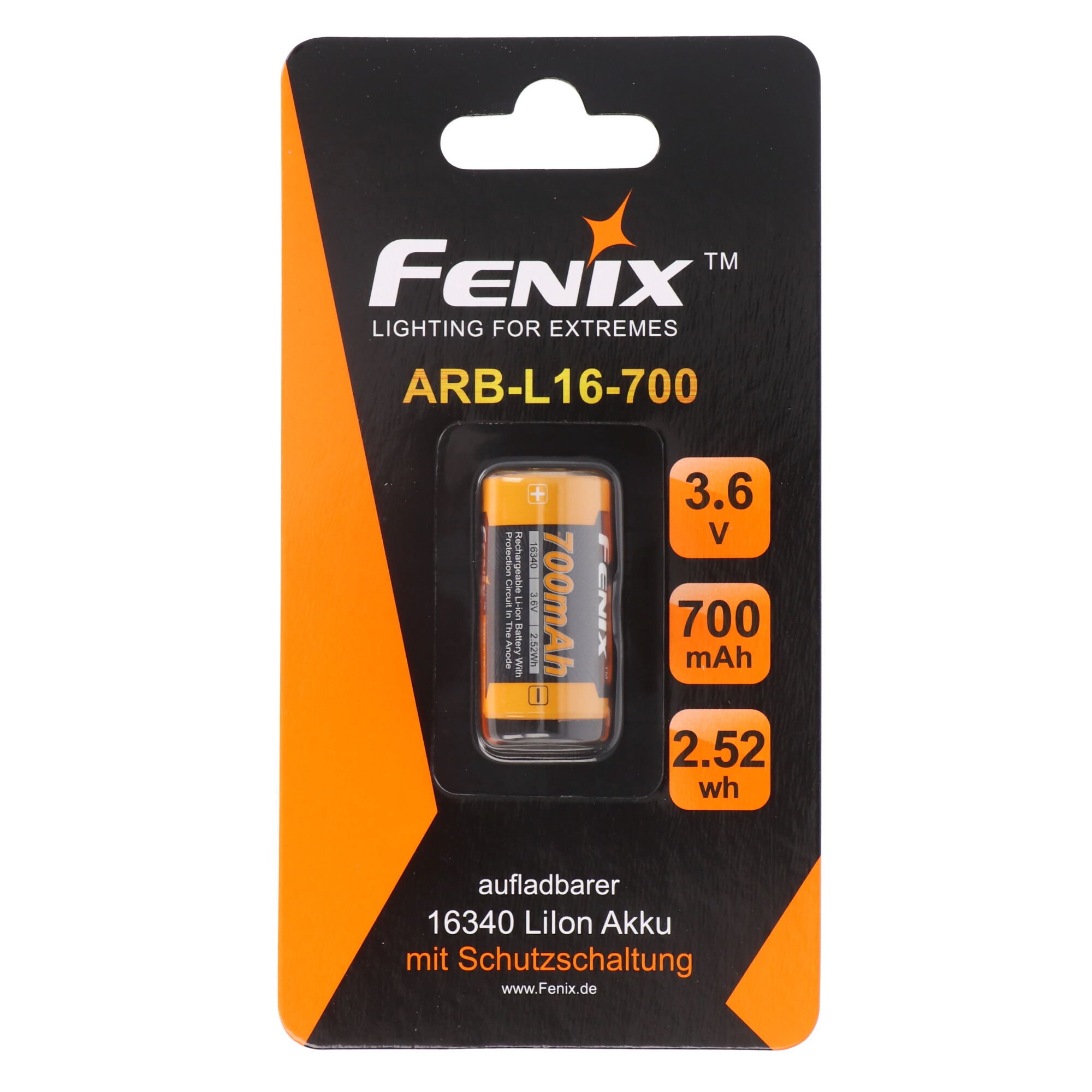 Fenix ARB-L16-700 Batterie-Verpackung auf Weiß. Text: 3,6 V, 700 mAh, 2,52 Wh.