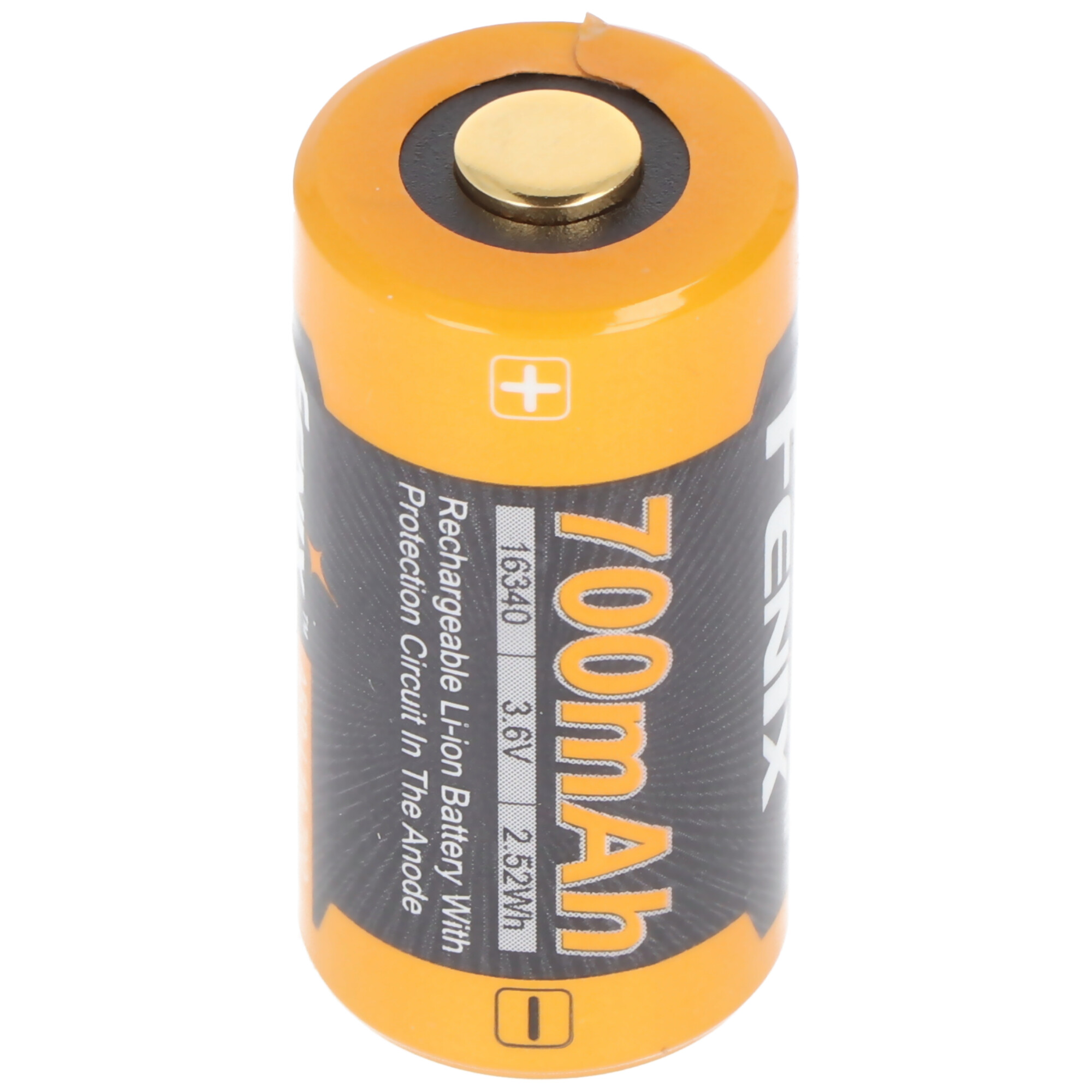 Ein wiederaufladbarer Li-Ionen-Akku, orange und schwarz. Die Oberseite ist goldfarben.