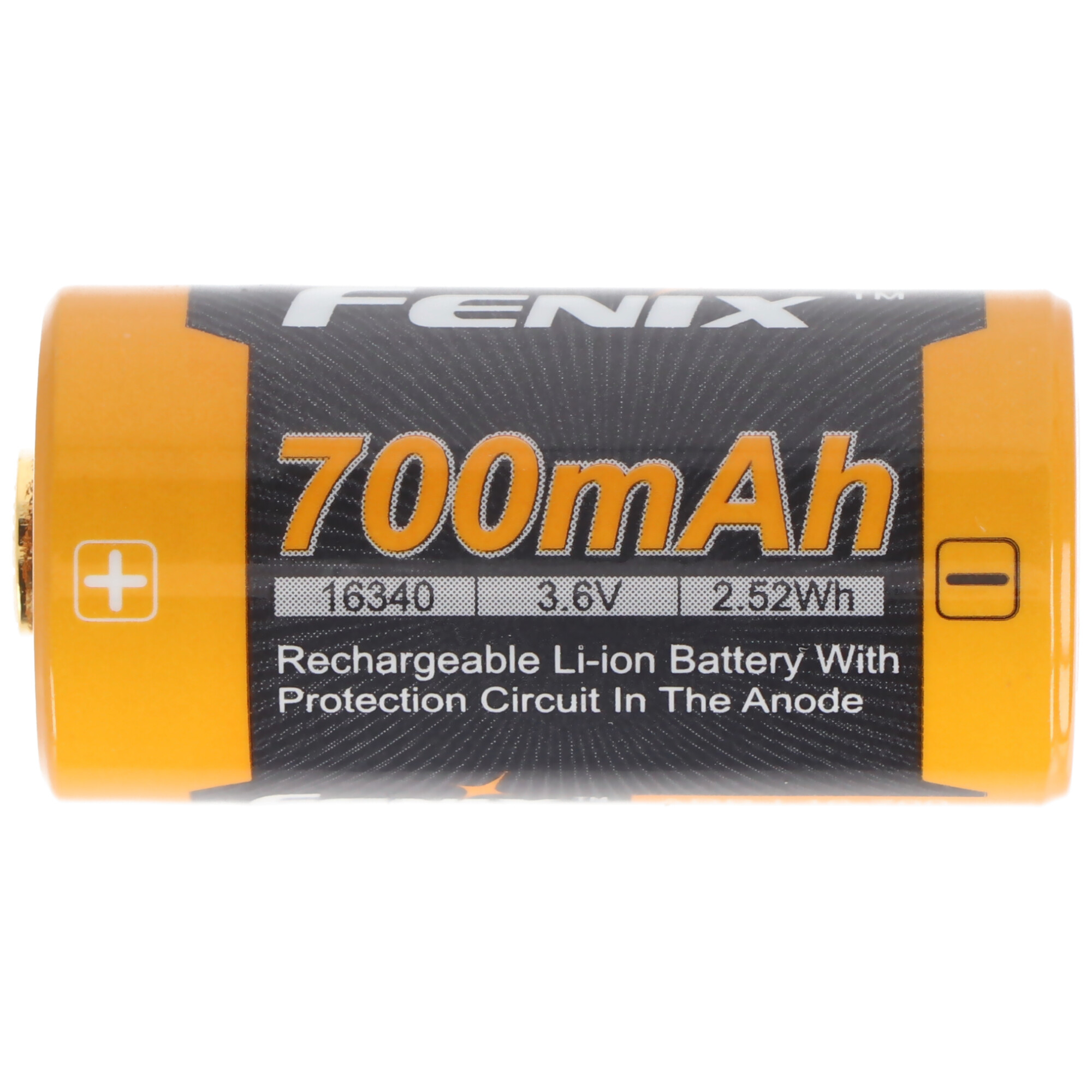 Eine zylindrische, wiederaufladbare Li-Ionen-Batterie, orange und schwarz, mit Text und Symbolen.