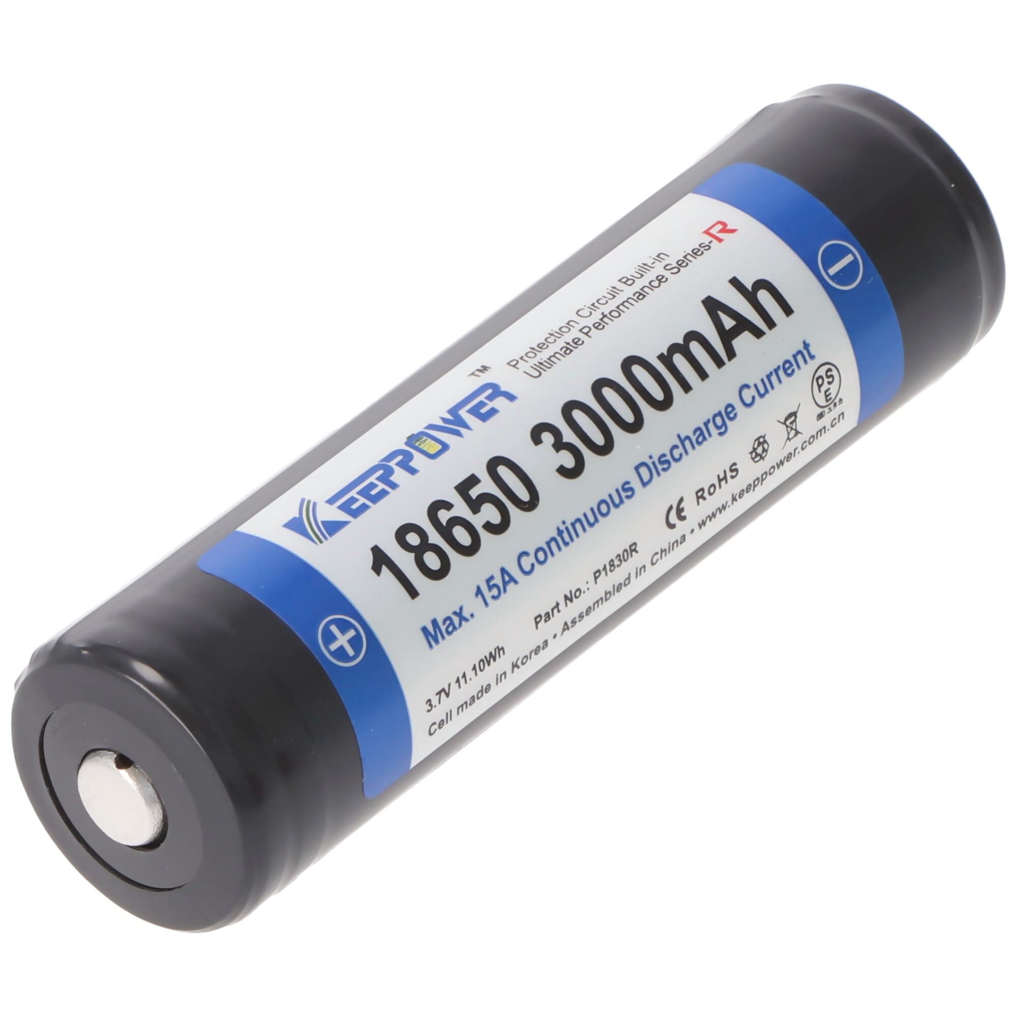 Black battery with a blue and white label. The label includes text: '18650 3000mAh' and warnings.