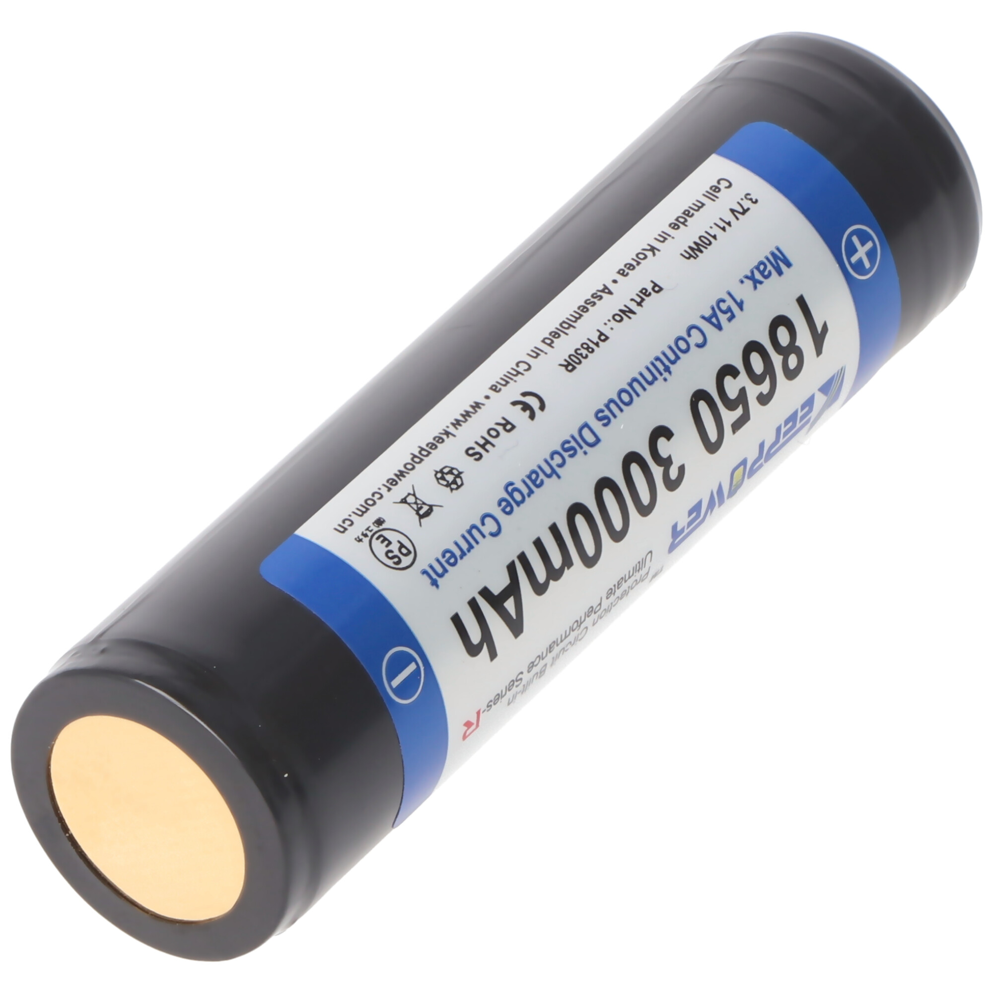 A black rectangular battery with blue and white labels.
