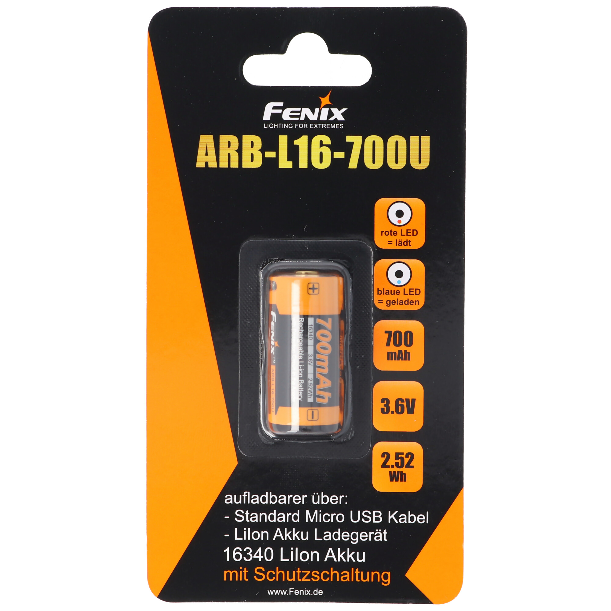 Black and orange battery with text. Contains information and technical details. The battery is in a blister pack.