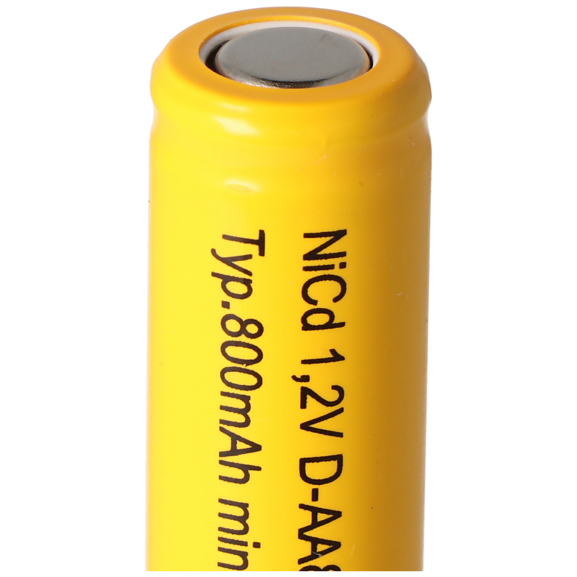 Gelbe NiCd 1,2V D-AA Batterie, mit Text, auf weißem Hintergrund.