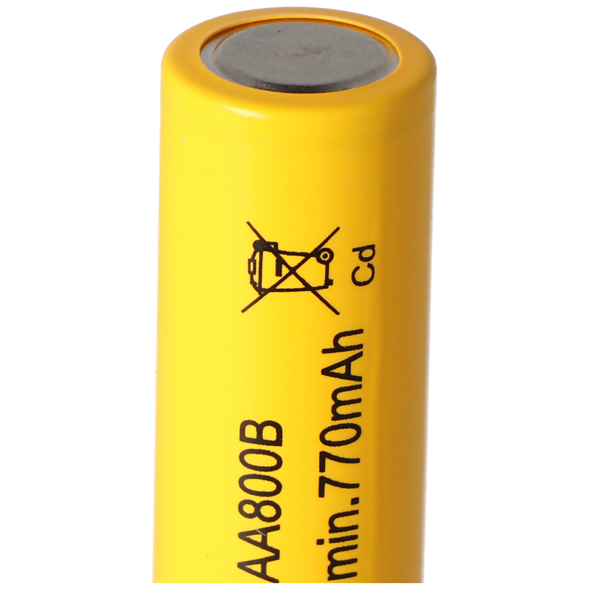 Gelbe AA800B-Batterie mit Symbolen und Text. Weißer Hintergrund.