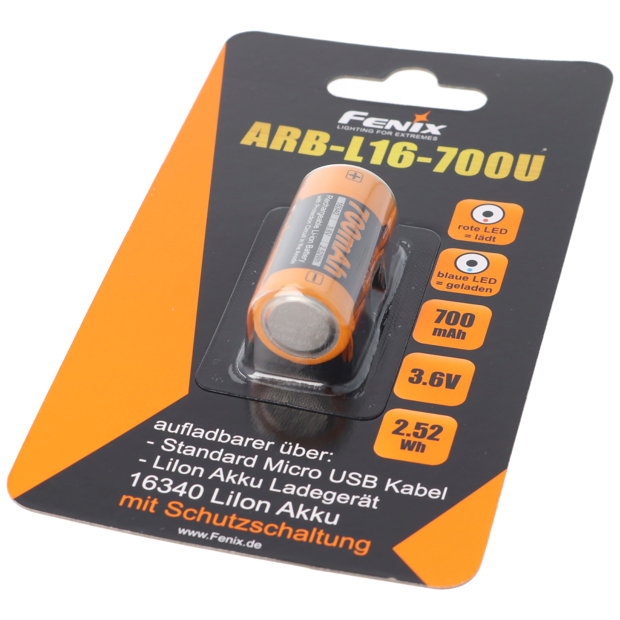 An orange battery package with a cylindrical battery inside. Text includes 'Fenix' and 'ARB-L16-700U'.