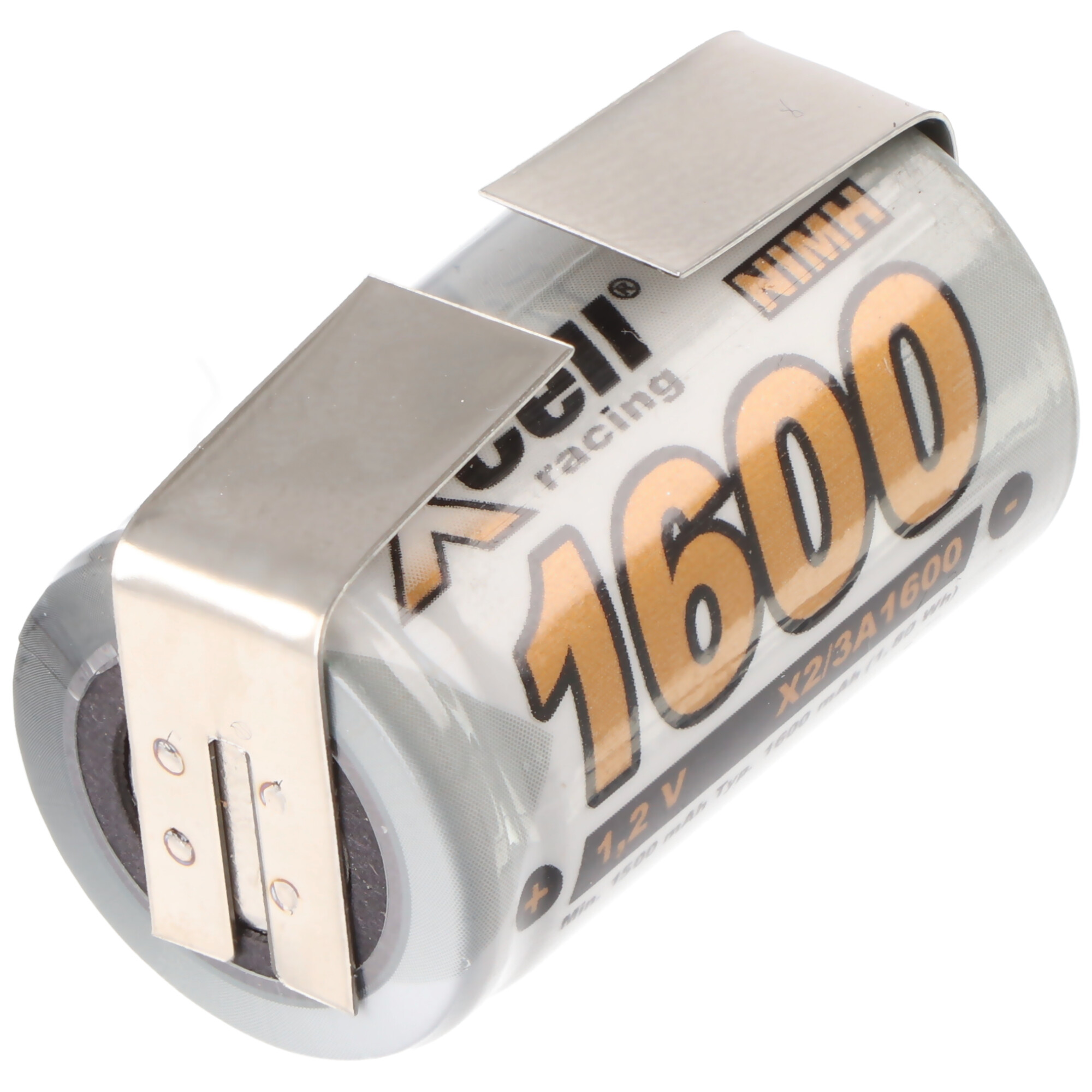 Cylindrical battery with metal clips.