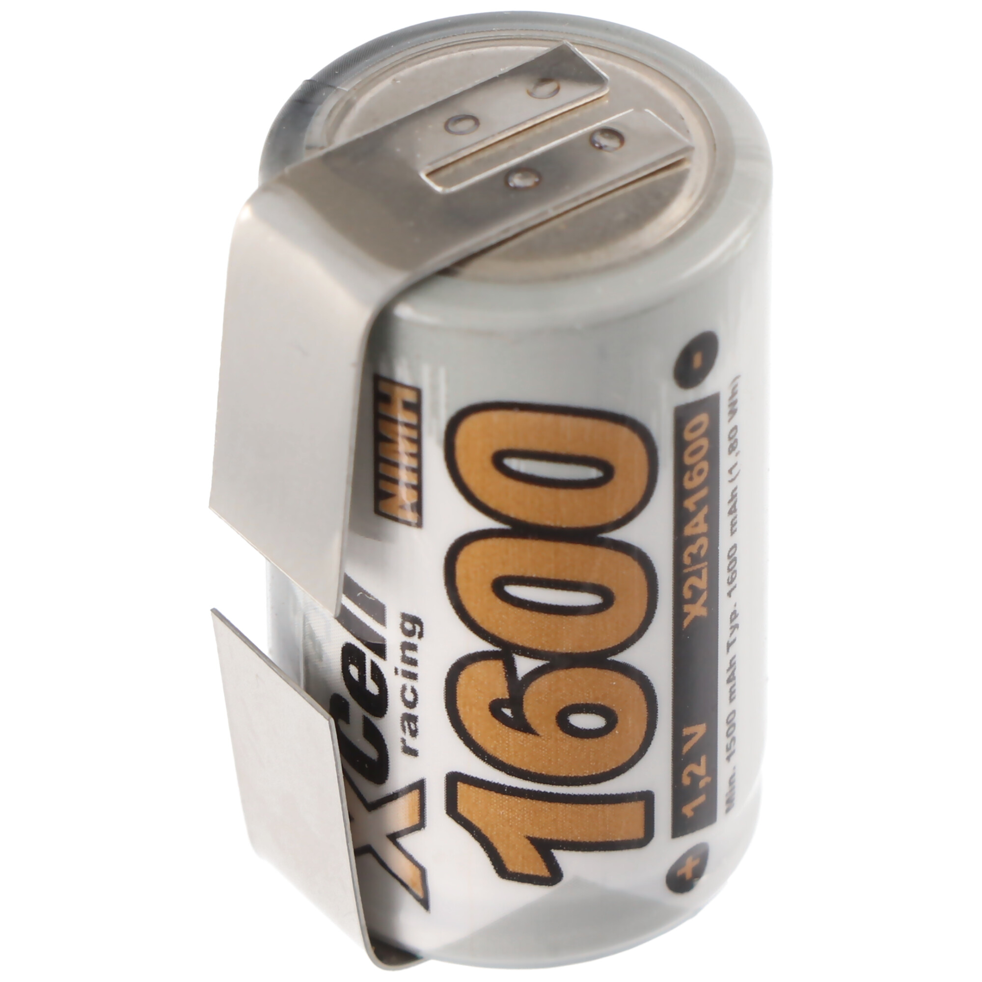 A cylindrical battery, gray with black and yellow text, a silver clip, and a white backdrop.