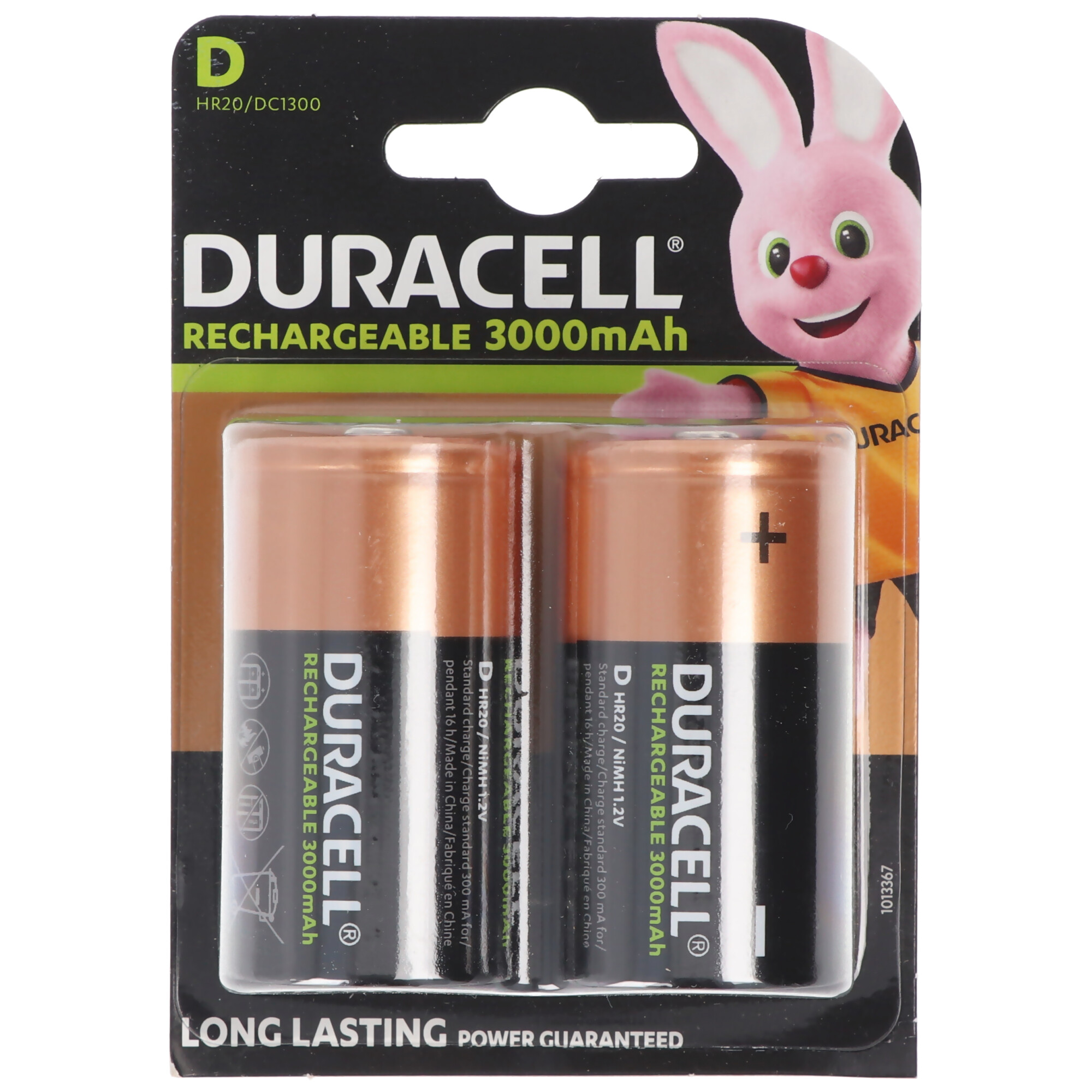 Duracell rechargeable batteries in blister pack. Black and copper color. Pink bunny on the right.