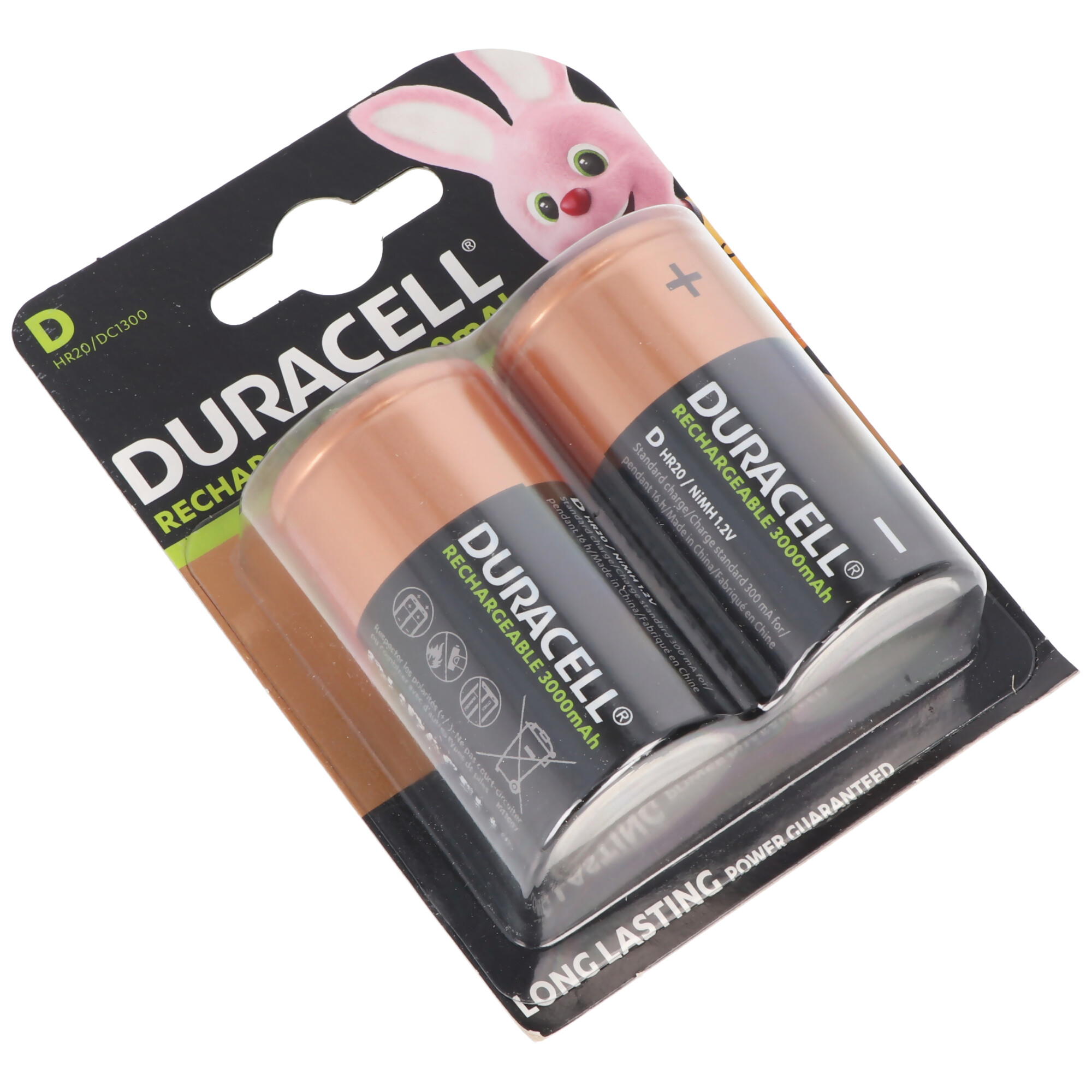 Two Duracell rechargeable D batteries in a blister pack, white background.