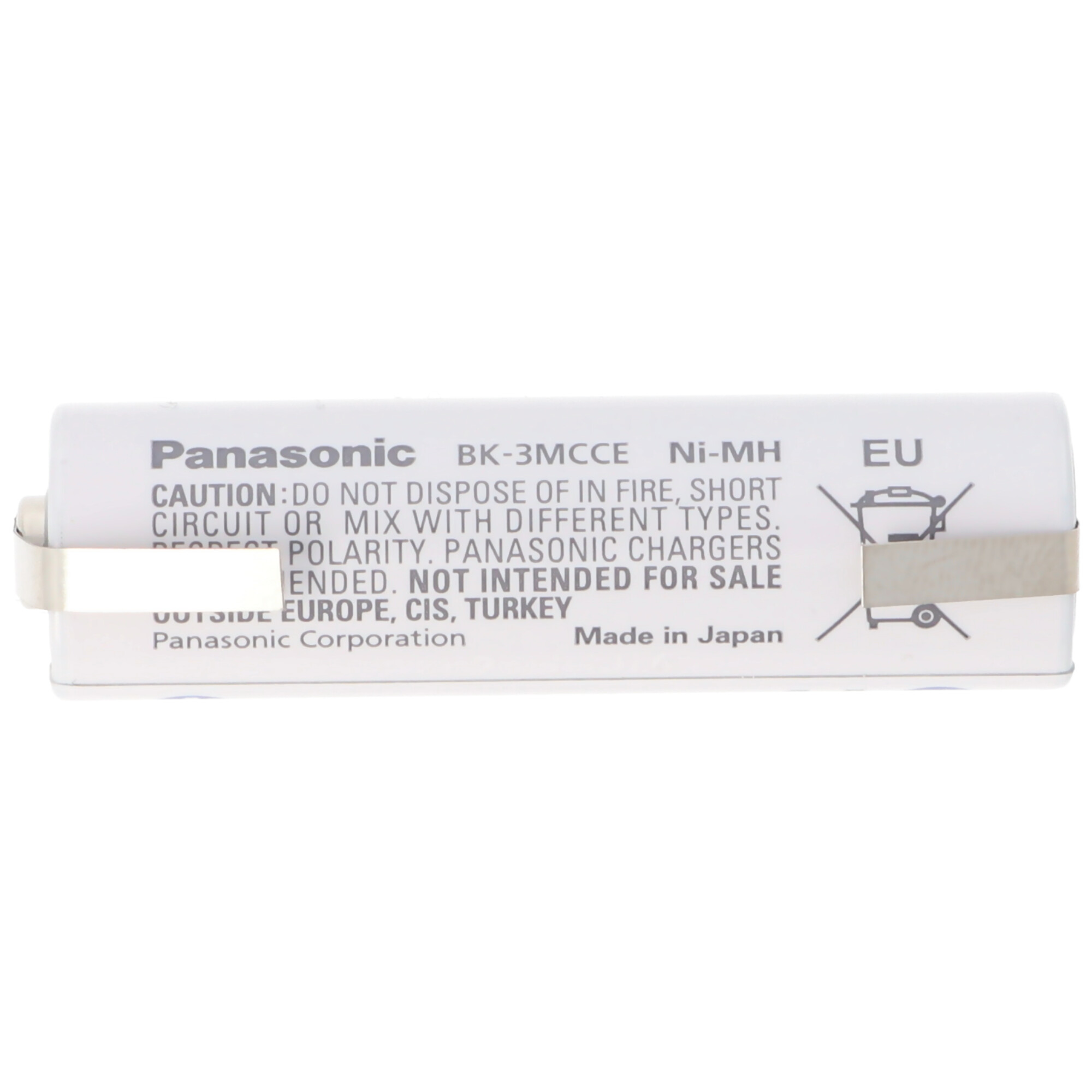 Eine weiße Panasonic-Batterie mit Warnhinweisen und Text, mit Metallband.