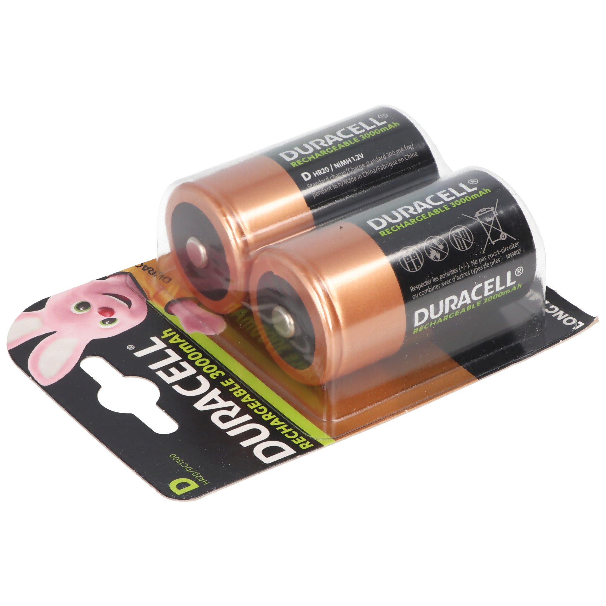 Two Duracell rechargeable batteries in a plastic package, pink bunny graphic on the left.