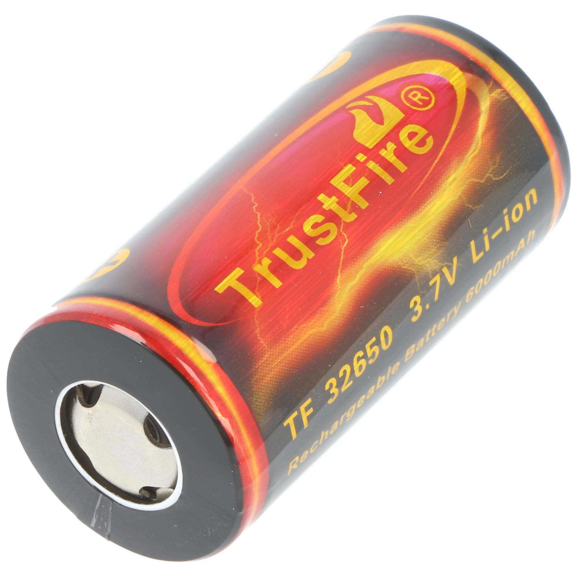 Rode en zwarte TrustFire-batterij met tekst en gele accenten.