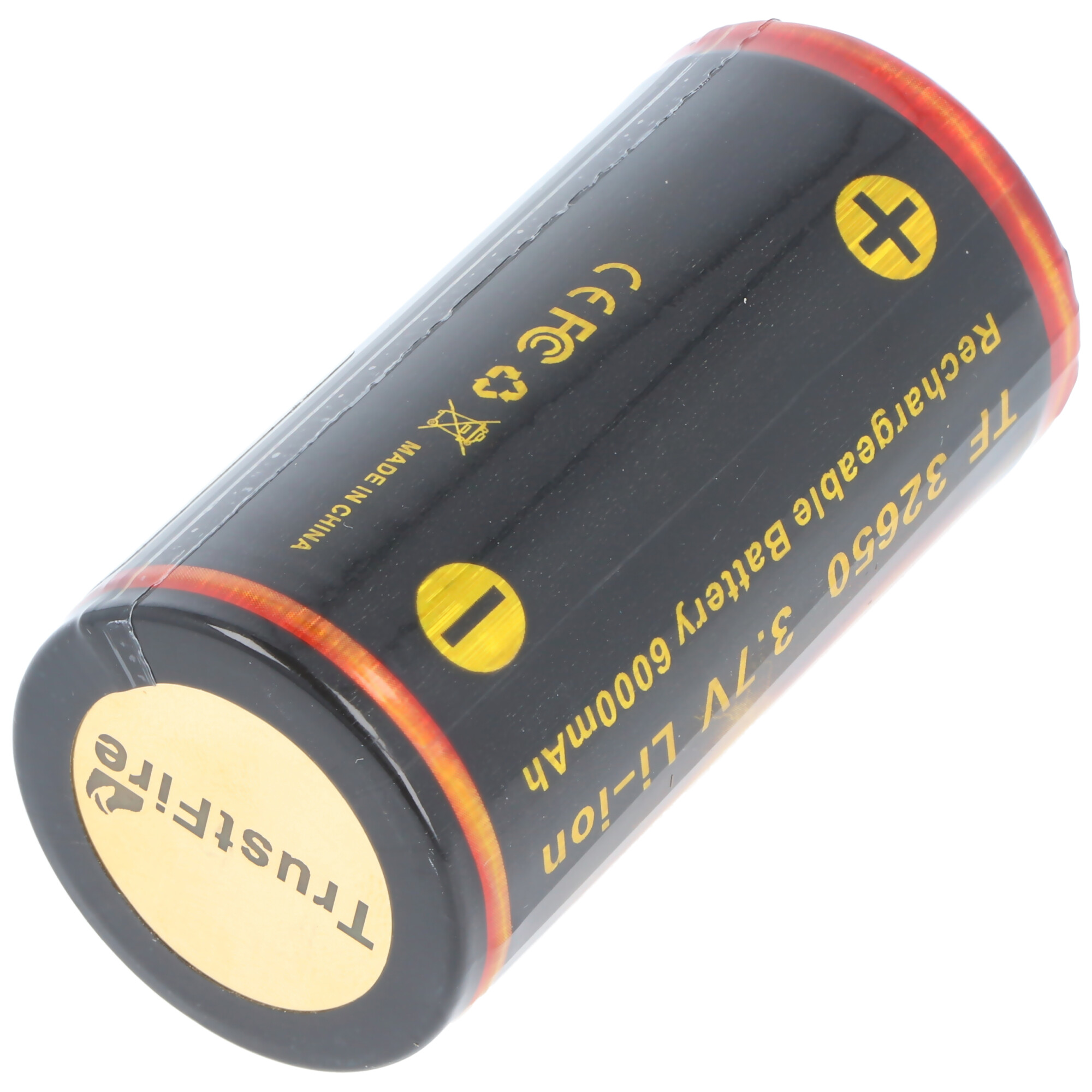 Zwarte oplaadbare batterij met rode en gele details. Er staat tekst en symbolen op.