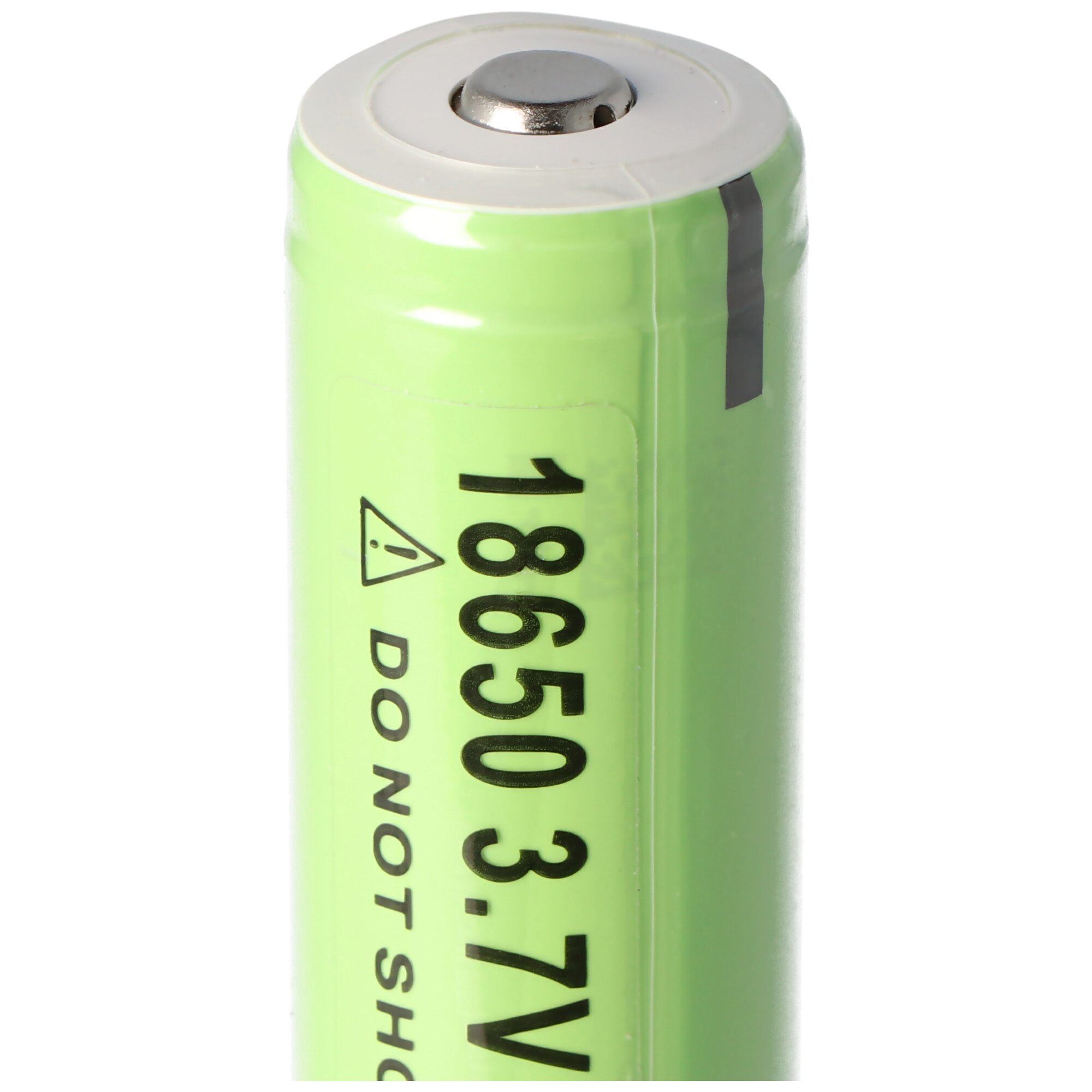 Green battery with black text, an exclamation mark, and warning.