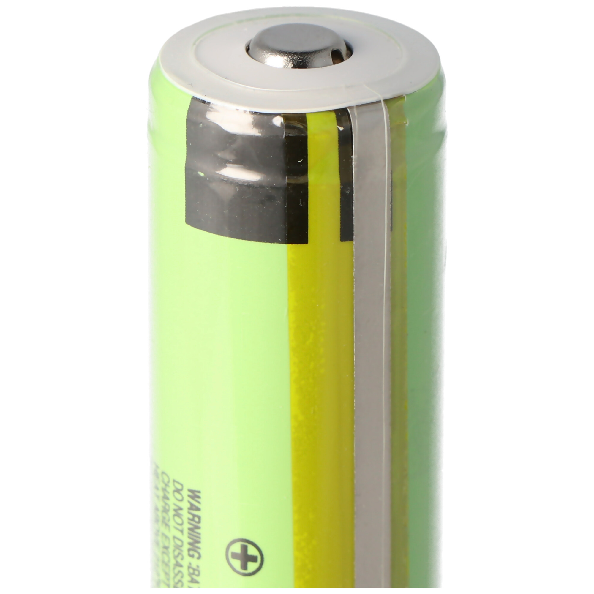 Green cylindrical battery with a silver top and a black label. It has a plus sign and text on the label.
